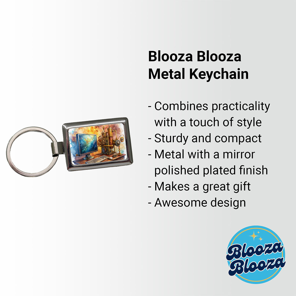 Steampunk Desktop PC Computer Fantasy Sci-fi Watercolor Rectangle Metal Keychain