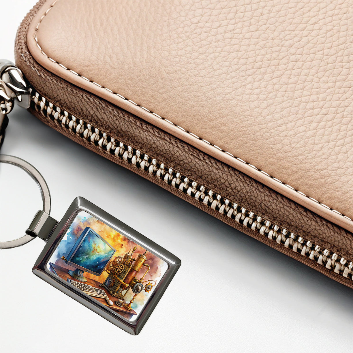 Steampunk Desktop PC Computer Fantasy Sci-fi Watercolor Rectangle Metal Keychain