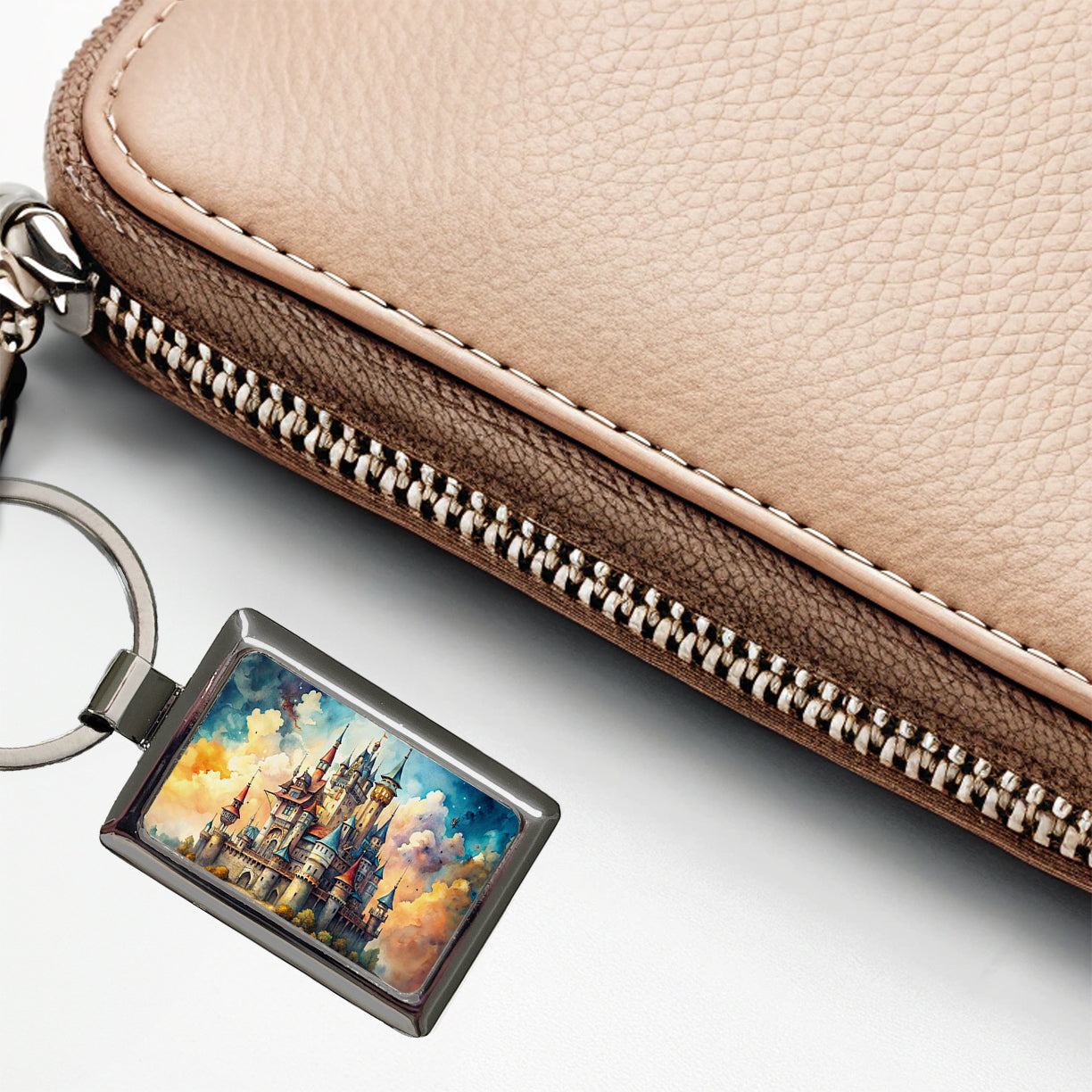 Steampunk Fantasy Castle Watercolor Rectangle Metal Keychain