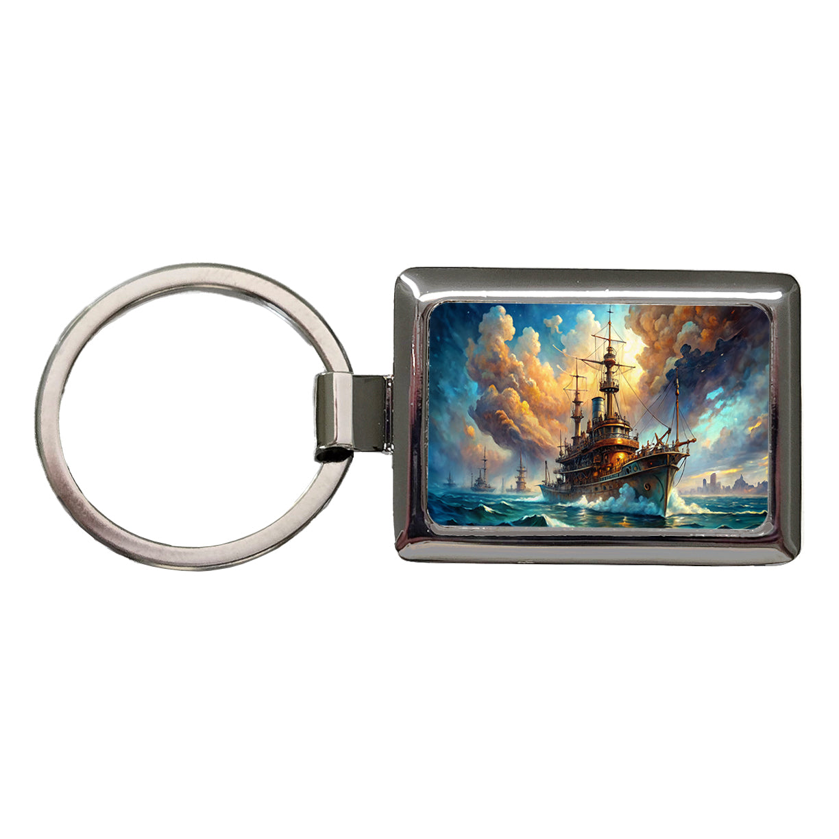 Steampunk Iron Warship Fantasy Sci-fi Watercolor Rectangle Metal Keychain