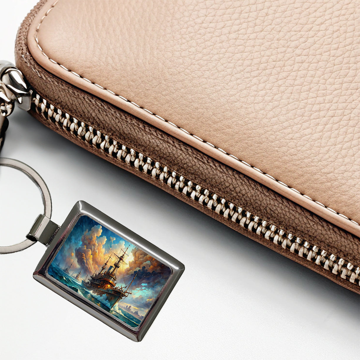 Steampunk Iron Warship Fantasy Sci-fi Watercolor Rectangle Metal Keychain