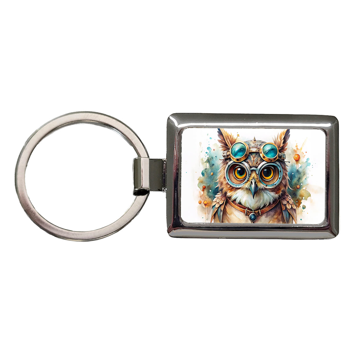 Steampunk Owl With Goggles Fantasy Sci-fi Watercolor Rectangle Metal Keychain