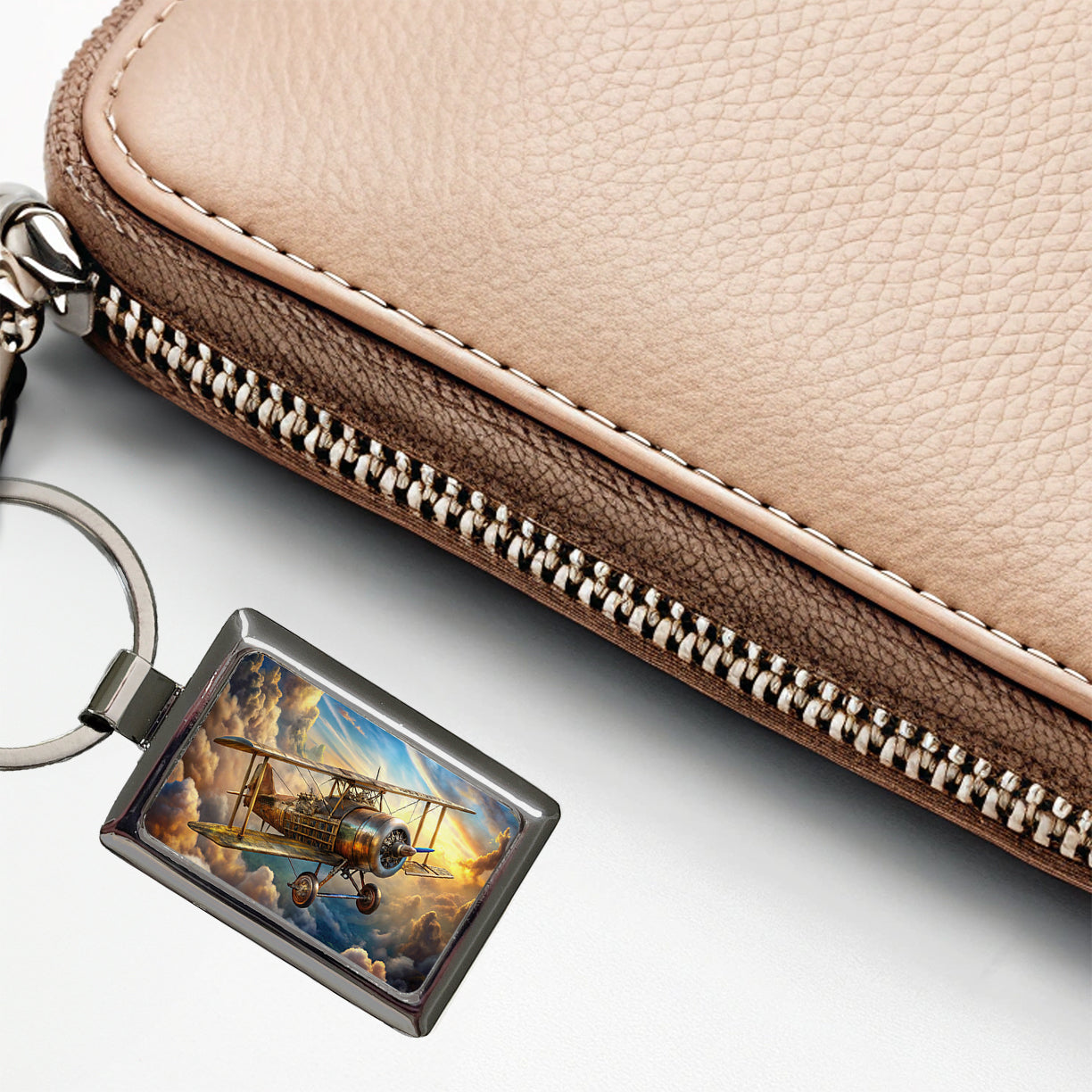 Steampunk Plane Airship in Cloudy Sky Fantasy Sci-fi Rectangle Metal Keychain