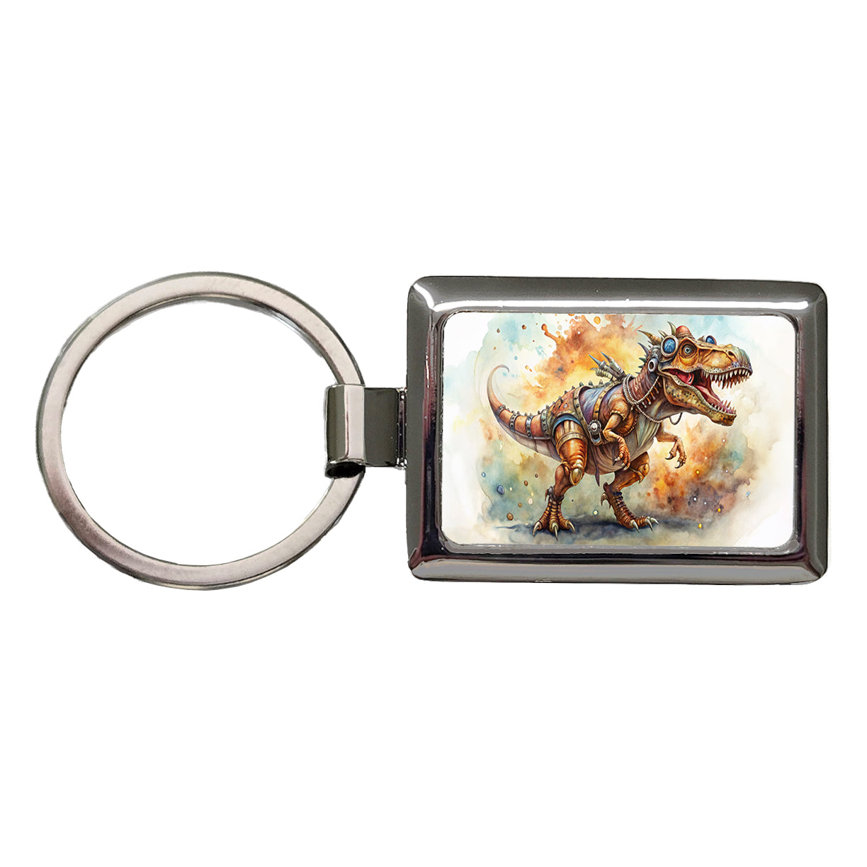Steampunk T-Rex Dinosaur Fantasy Sci-fi Watercolor Rectangle Metal Keychain