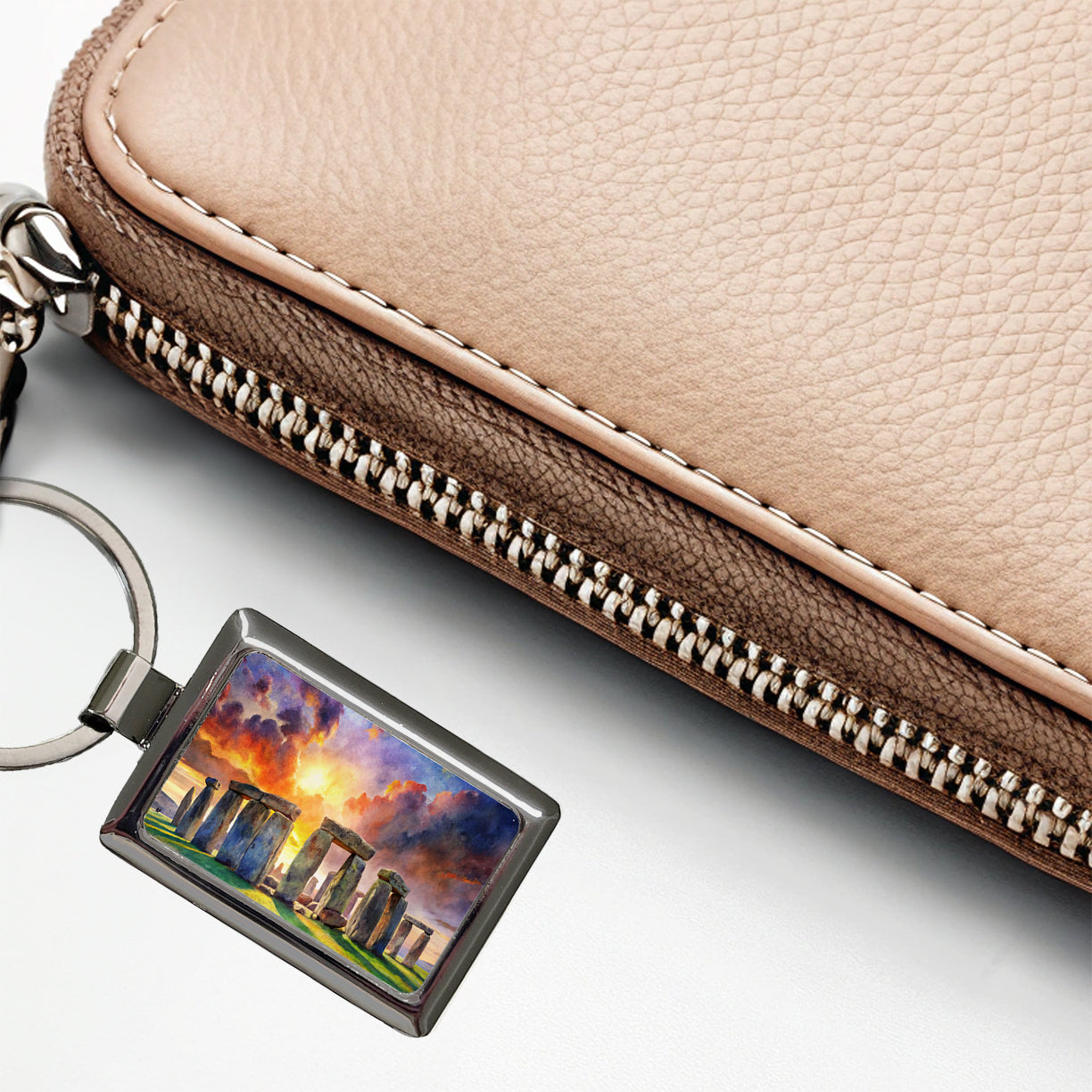 Stonehenge England At Dusk Watercolor Rectangle Metal Keychain