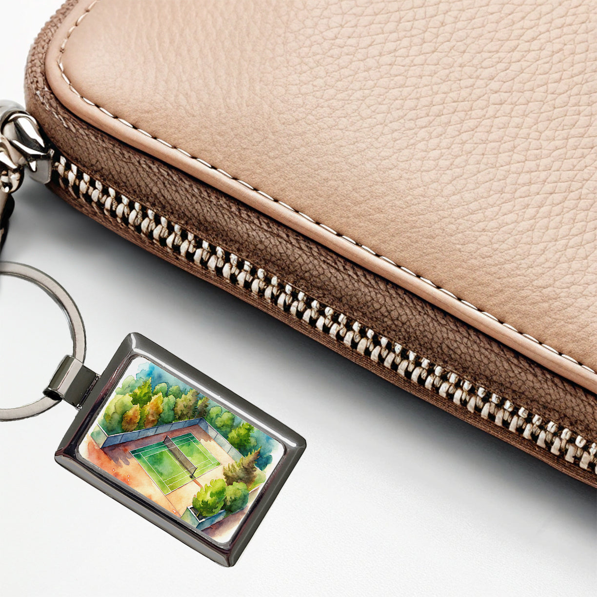 Tennis Court Watercolor Rectangle Metal Keychain