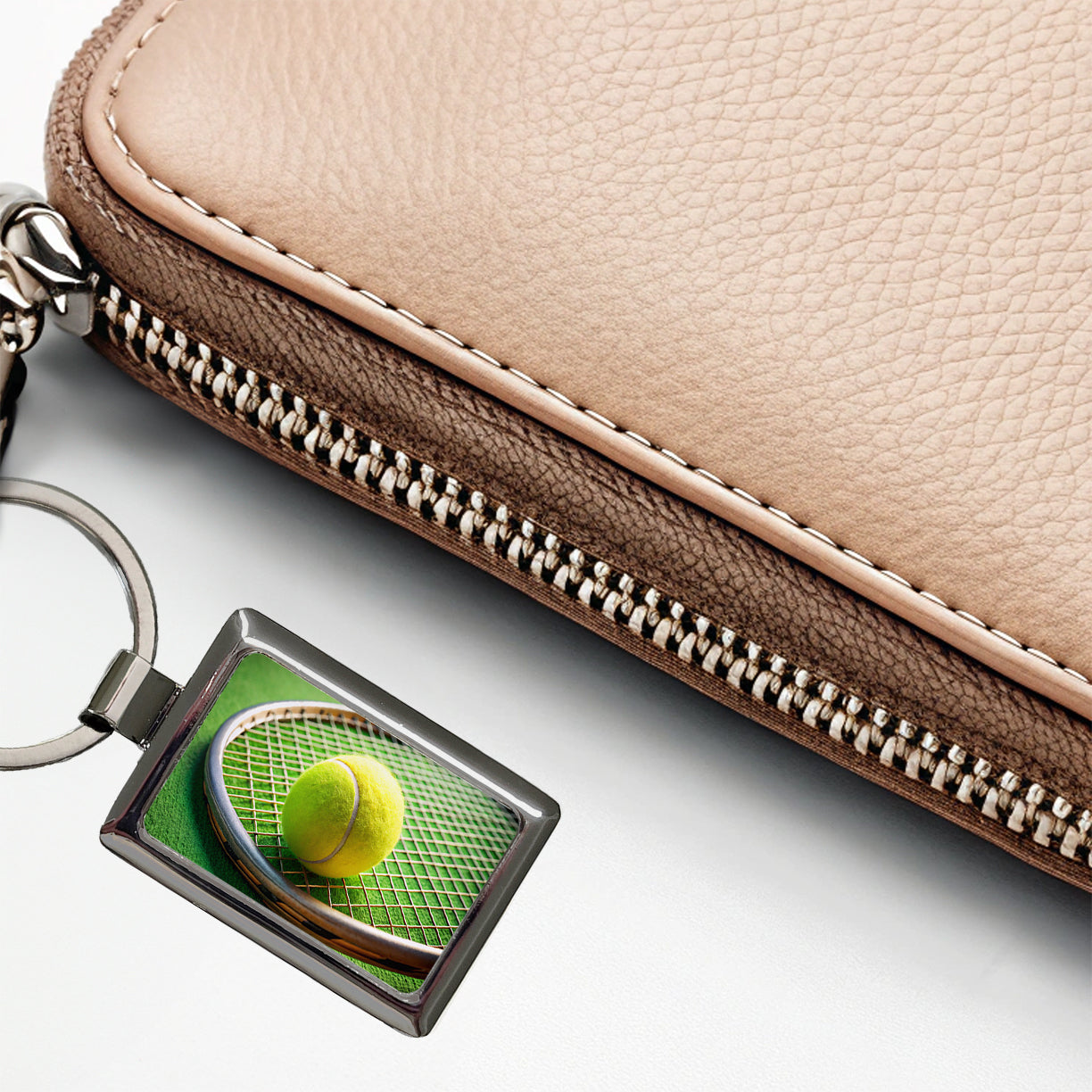 Tennis Racquet and Ball Close-up Rectangle Metal Keychain