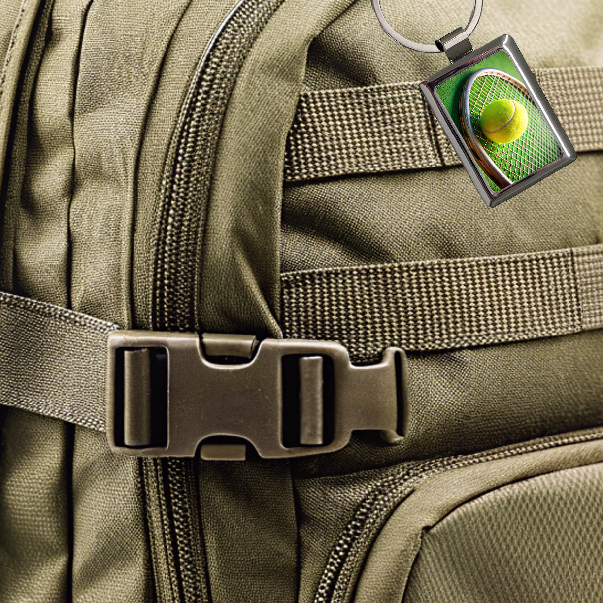 Tennis Racquet and Ball Close-up Rectangle Metal Keychain