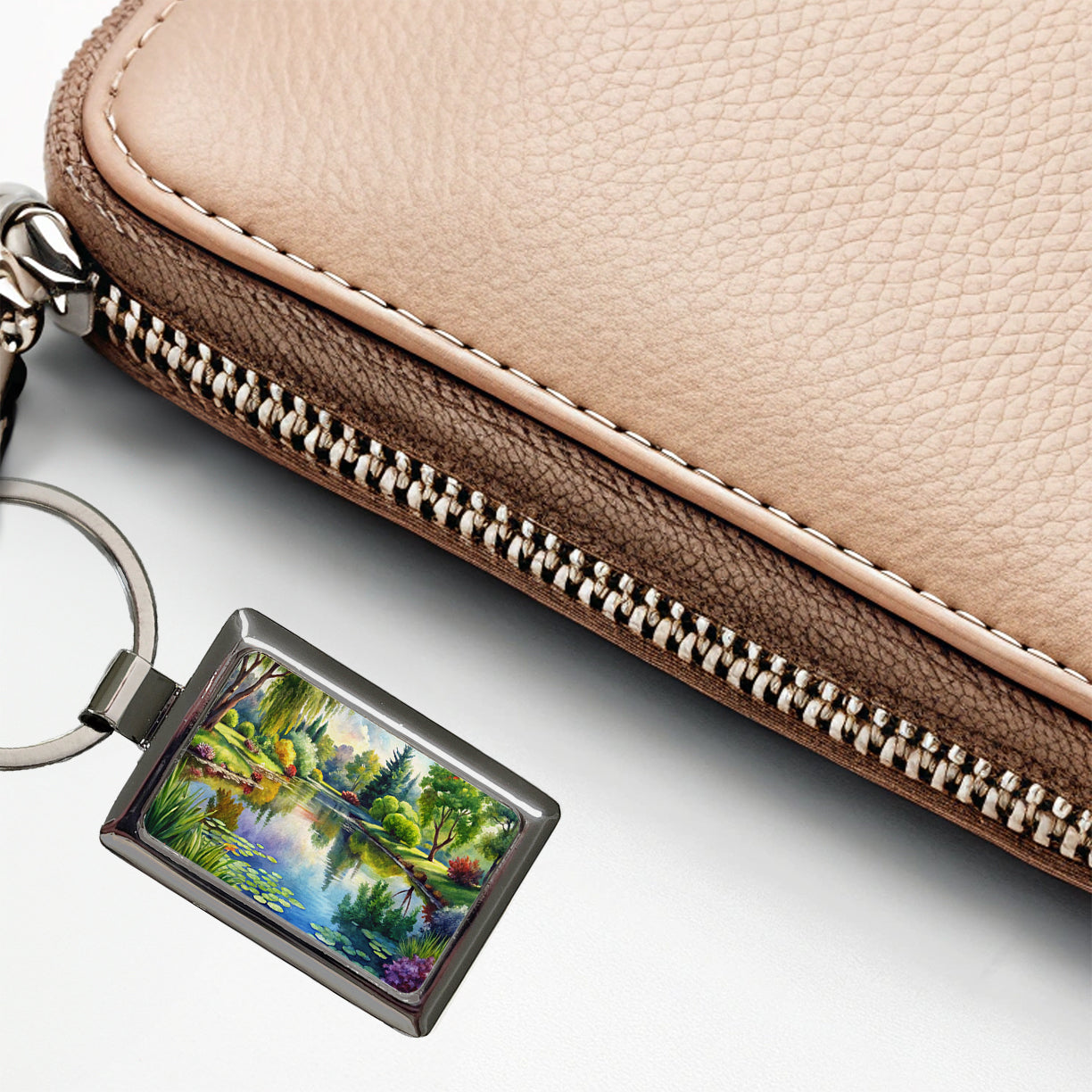 Tranquil Pond Scene Watercolor Rectangle Metal Keychain