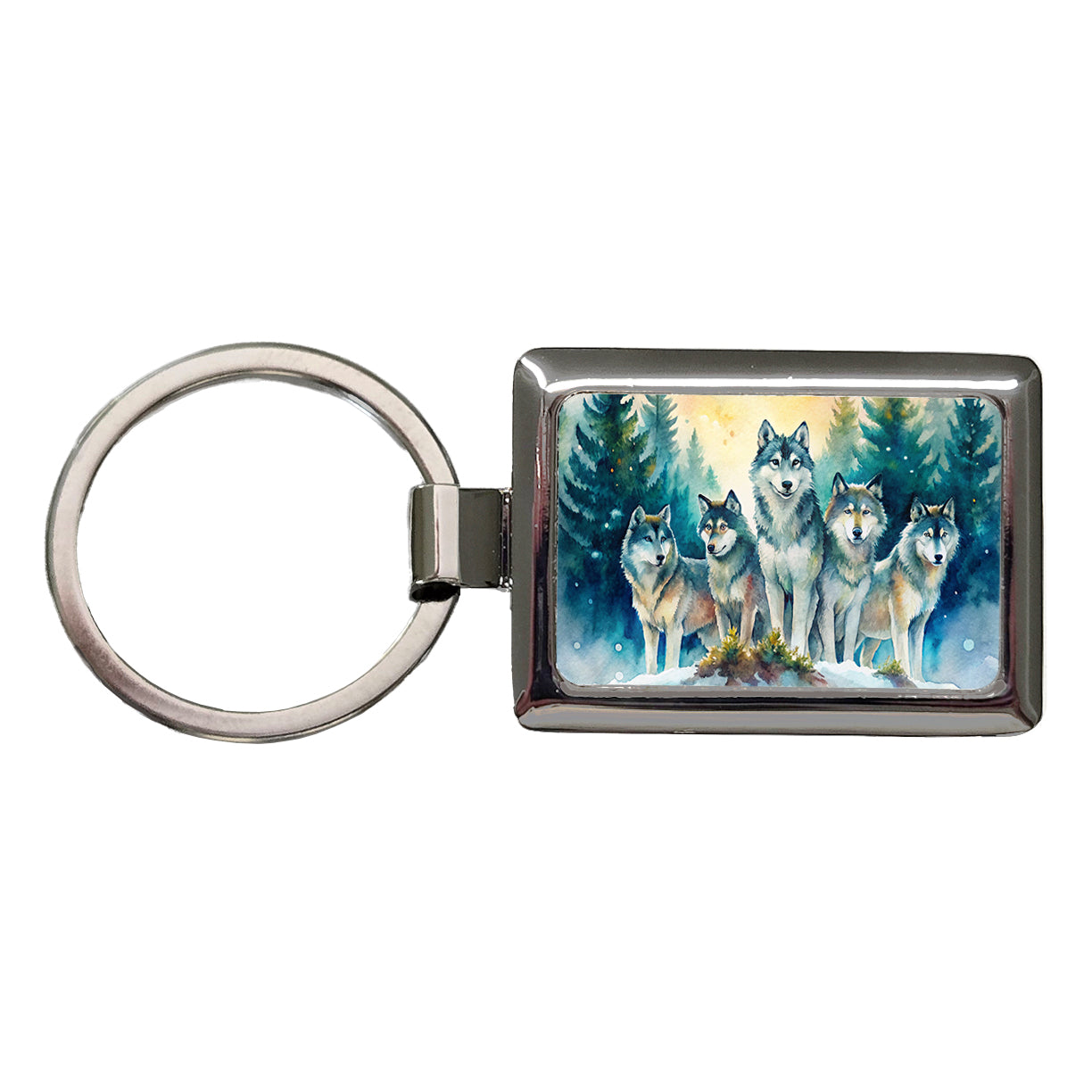Wolfpack Snowy Forest Wolf Scene Watercolor Rectangle Metal Keychain