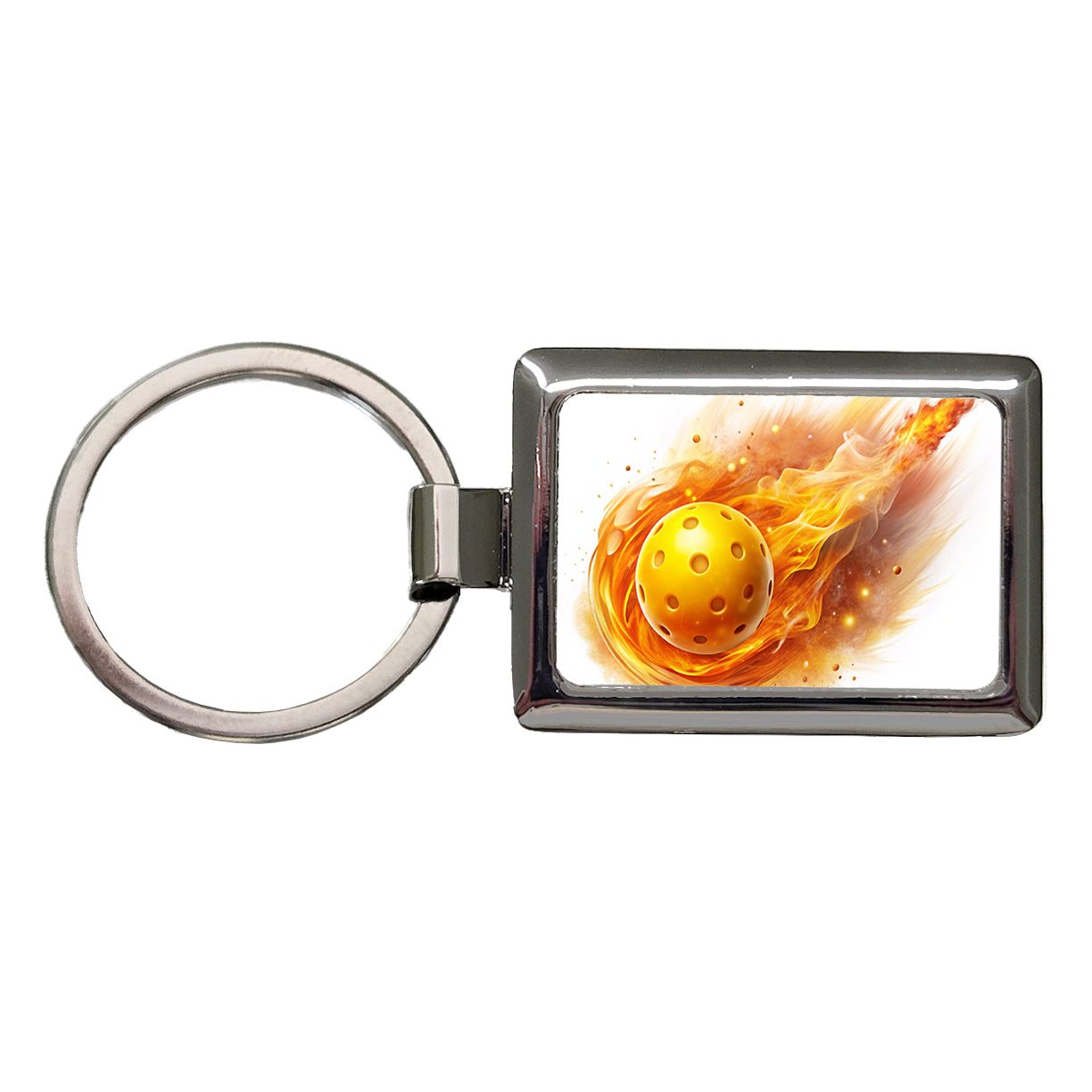 Yellow Pickleball Ball Rocketing Through The Air Rectangle Metal Keychain