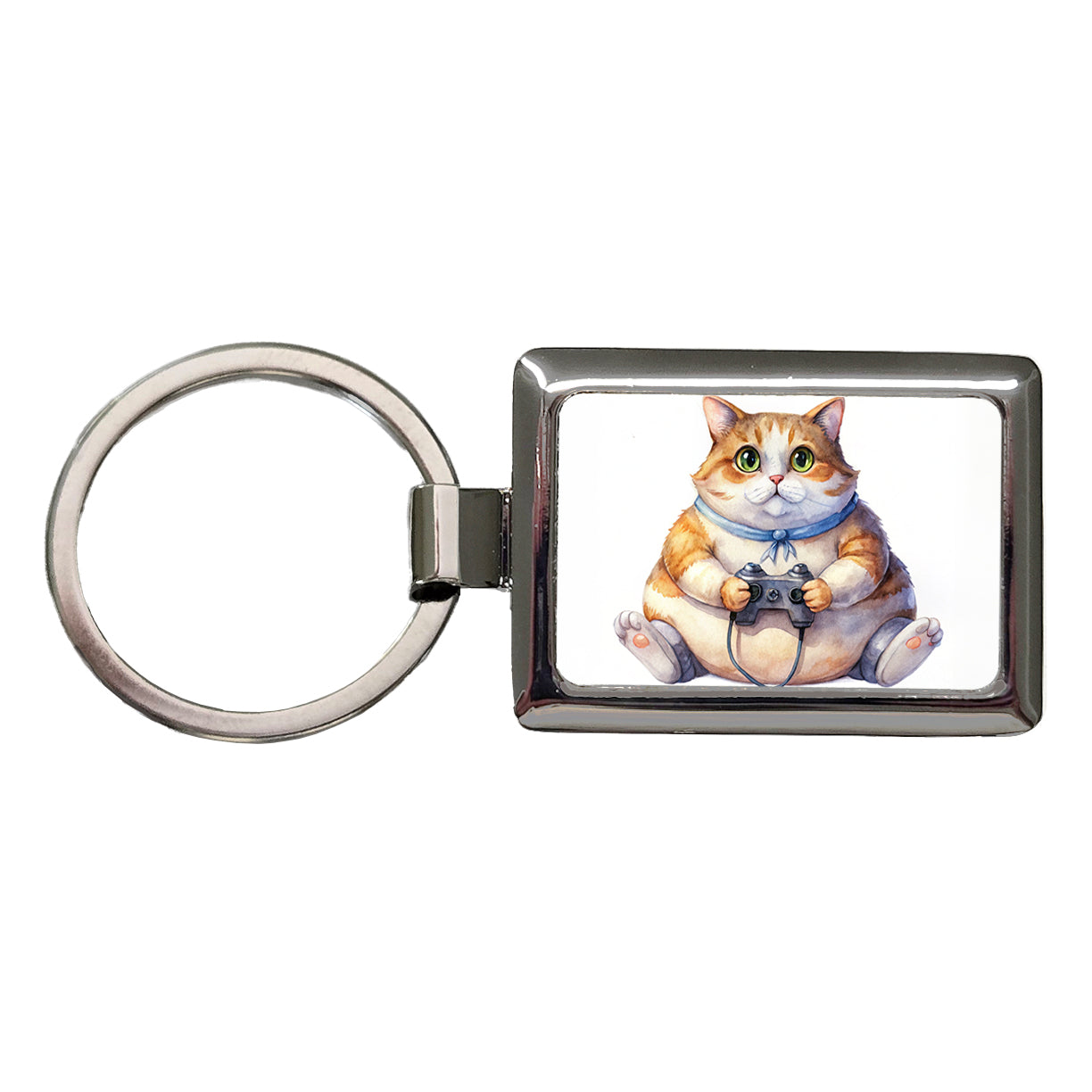 Fat Gamer Kitty Rectangle Metal Keychain
