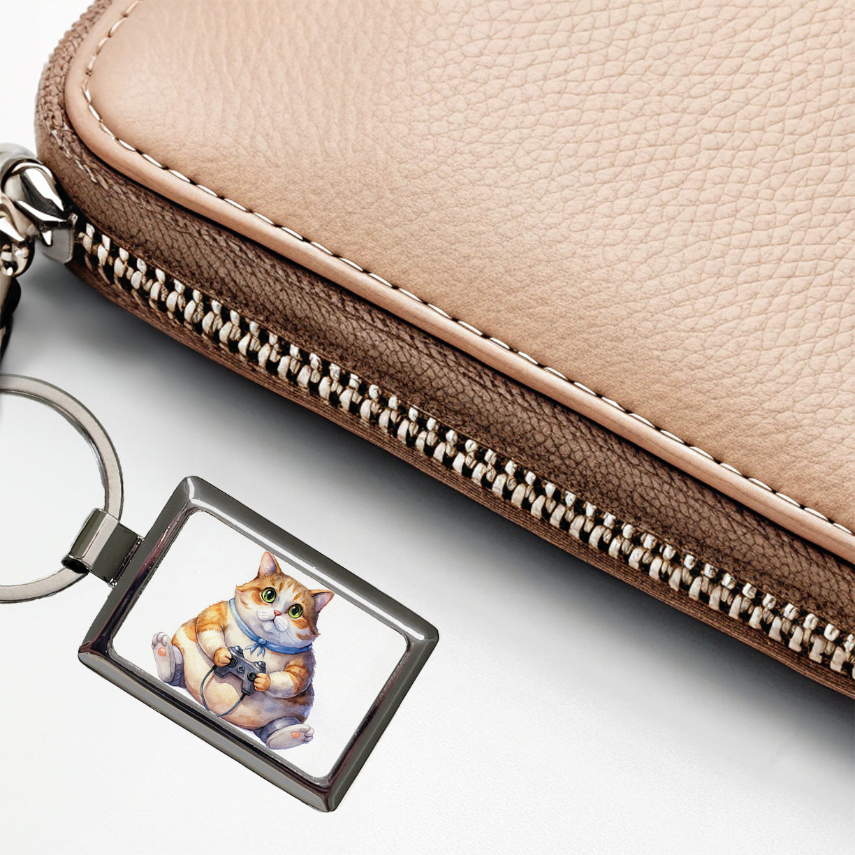 Fat Gamer Kitty Rectangle Metal Keychain