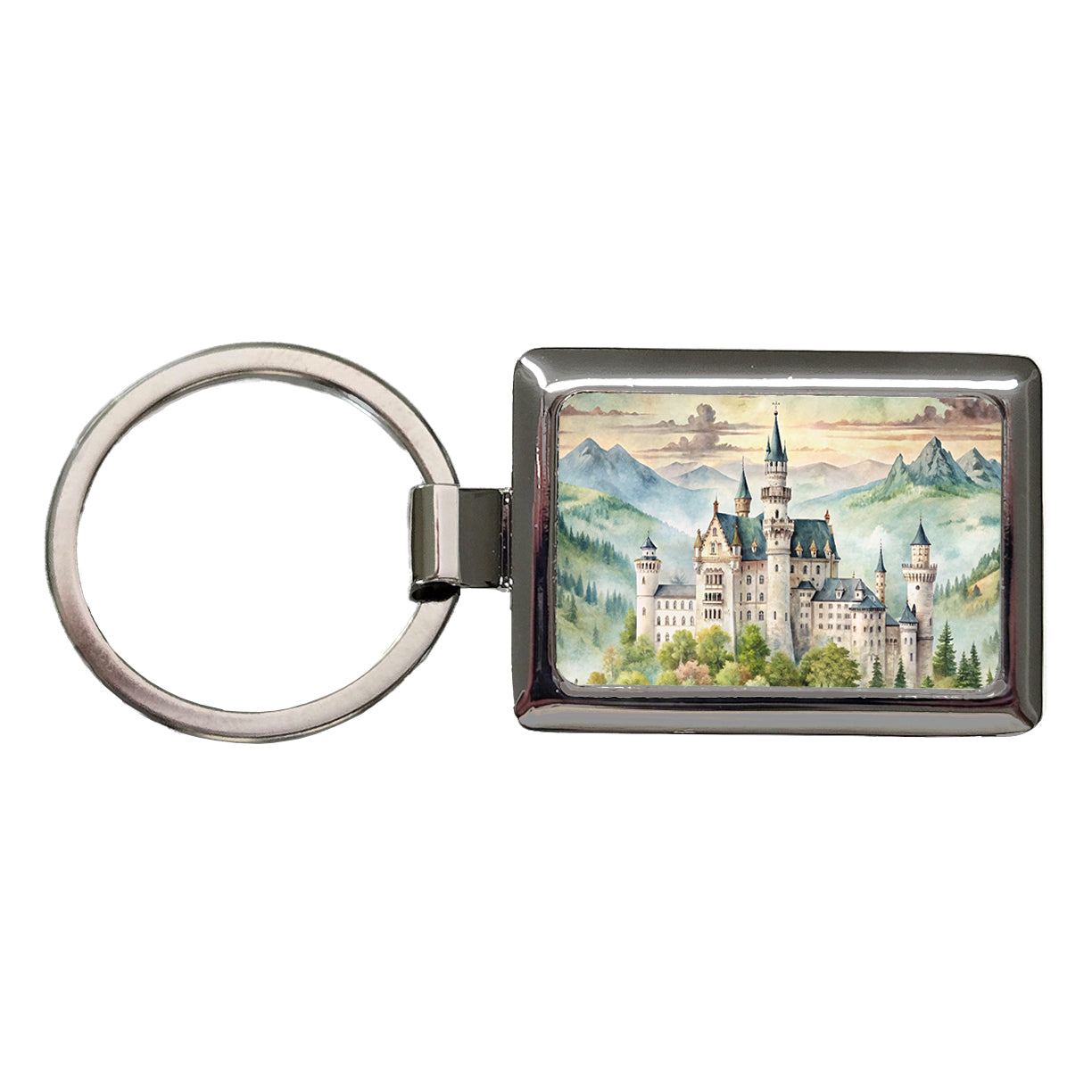 German Castle Watercolor Beautiful Neuschwanstein Rectangle Metal Keychain