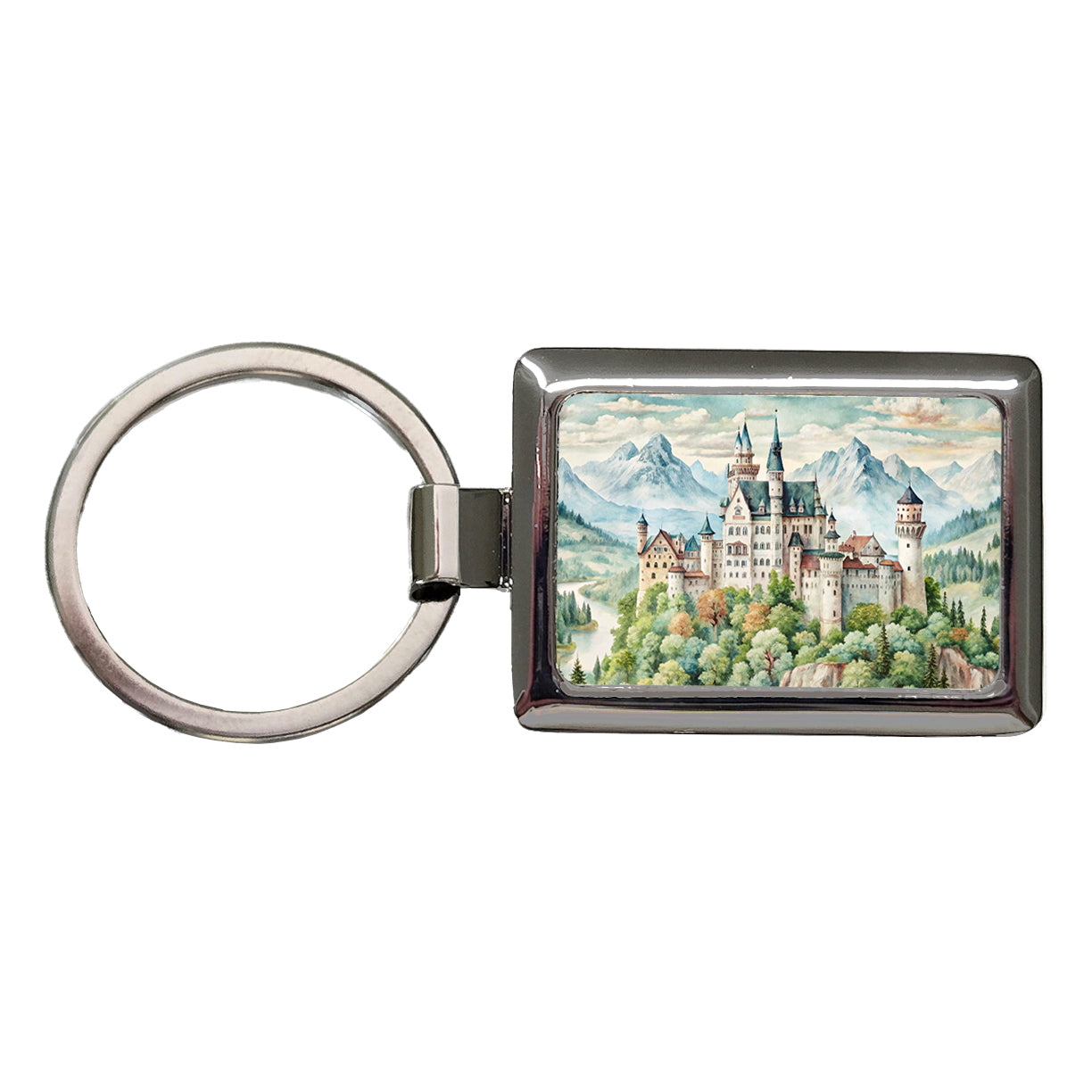 German Castle Watercolor Neuschwanstein Rectangle Metal Keychain