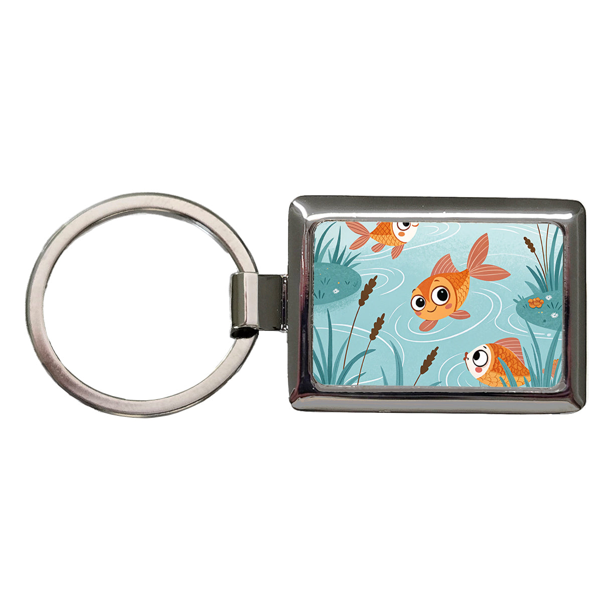 Gold Fish Swimming In Pond Rectangle Metal Keychain