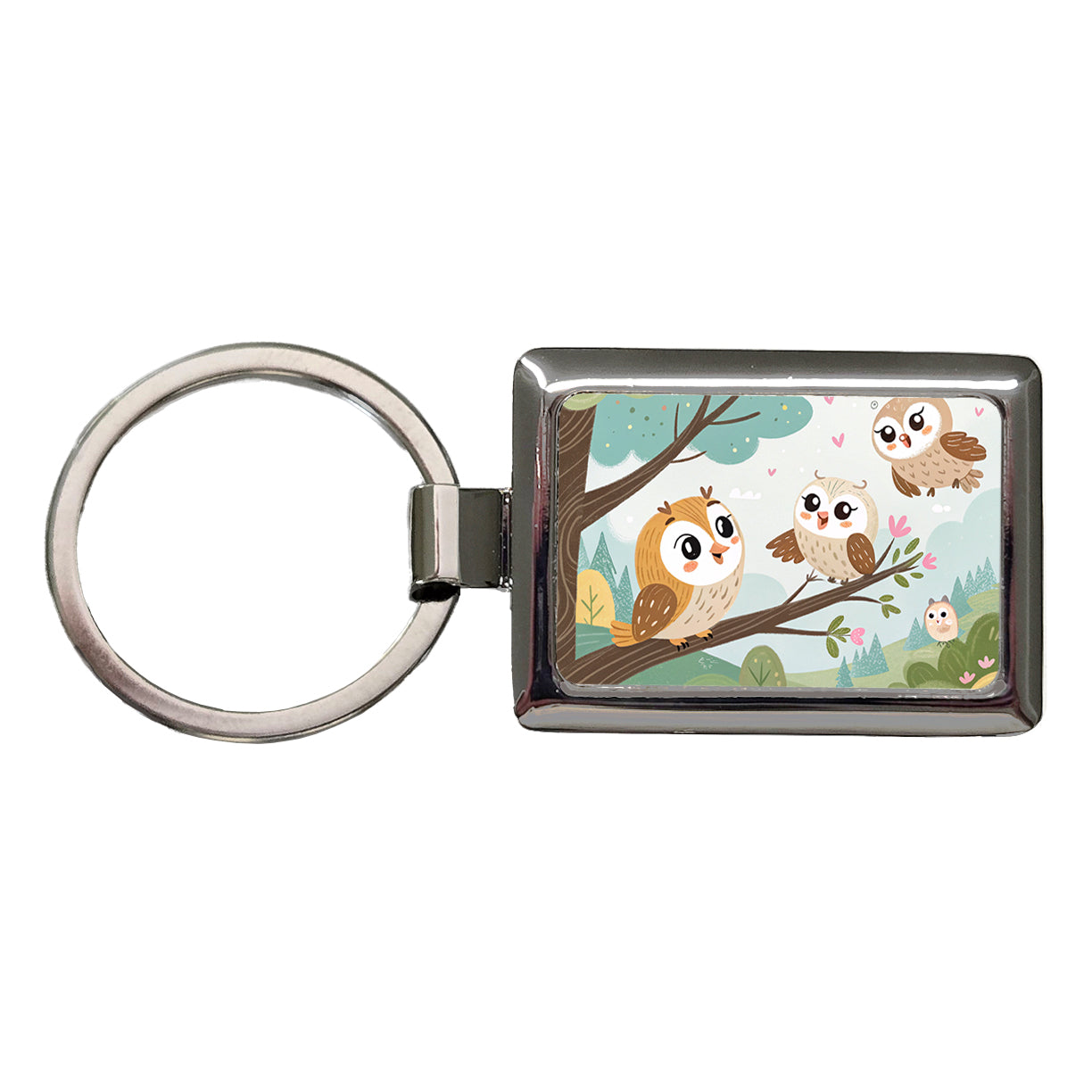 Kawaii Barn Owls Rectangle Metal Keychain