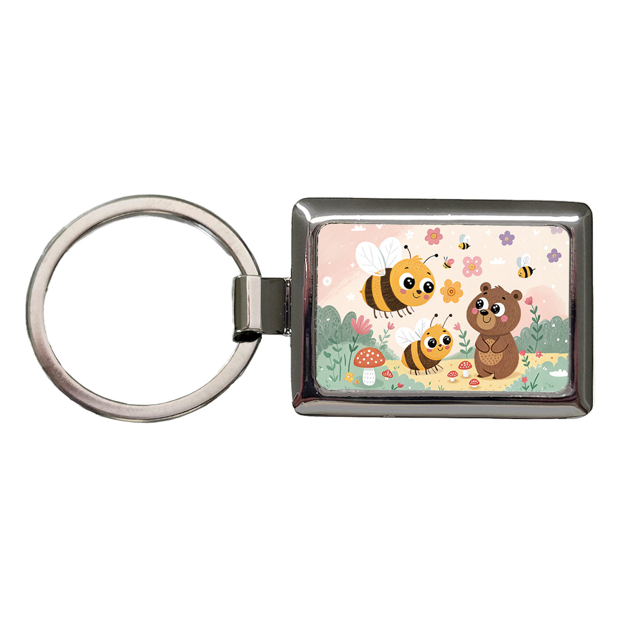 Kawaii Bumble Bees Bear Rectangle Metal Keychain