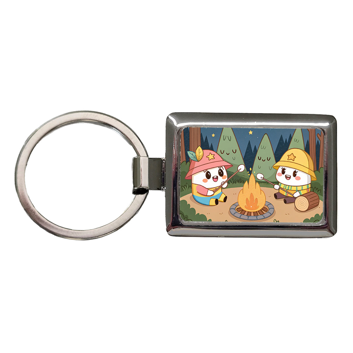 Kawaii Camping Roasting Marshmallows Rectangle Metal Keychain