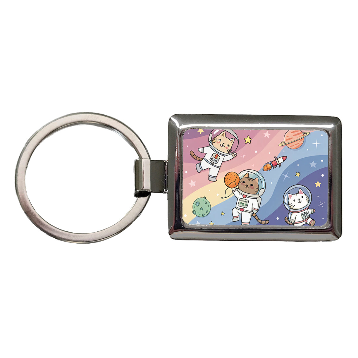 Kawaii Cat Astronauts Rectangle Metal Keychain