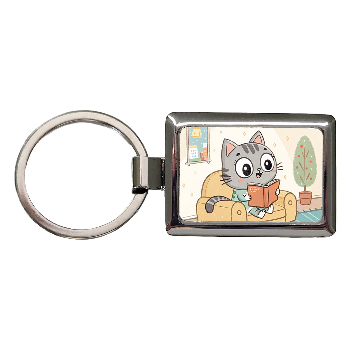 Kawaii Cat Reading Book On Couch Reader Rectangle Metal Keychain