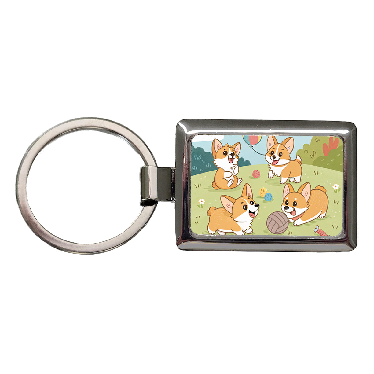 Kawaii Corgis Dogs Playing Rectangle Metal Keychain