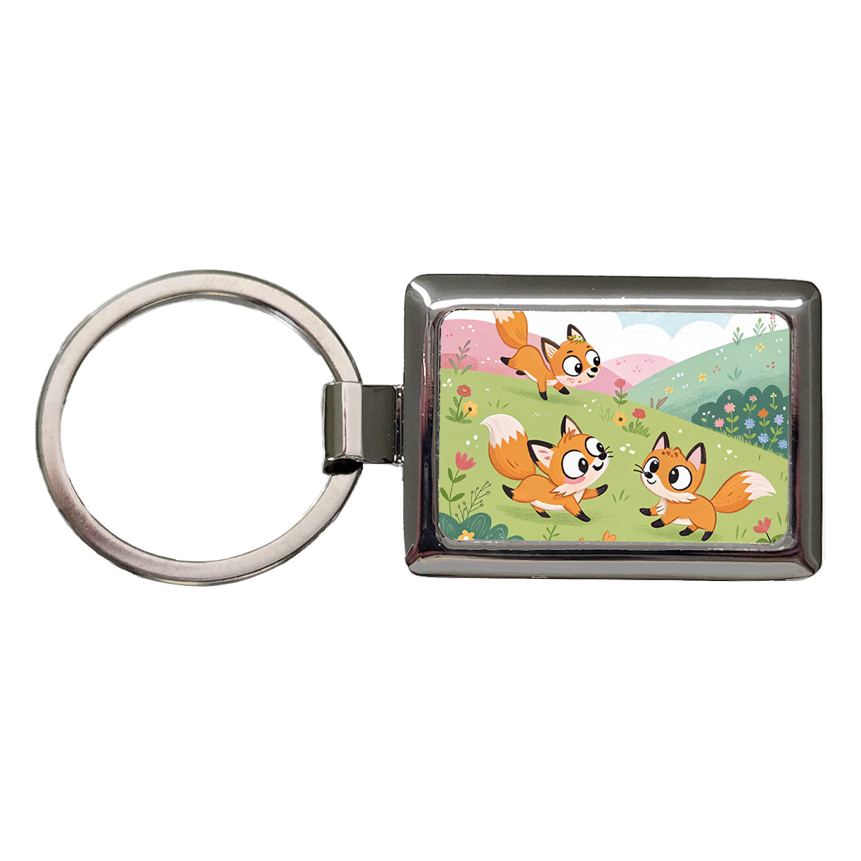 Kawaii Foxes Rectangle Metal Keychain