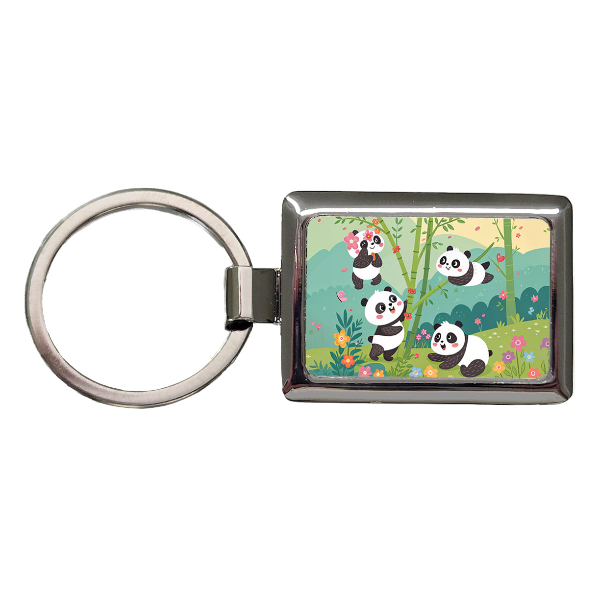Kawaii Pandas Rectangle Metal Keychain