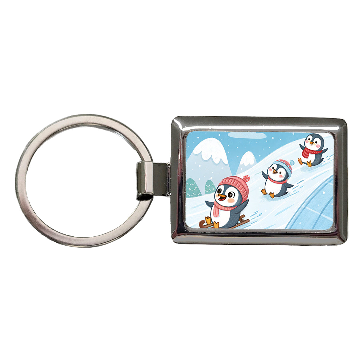 Kawaii Penguins Sledding Snow Rectangle Metal Keychain