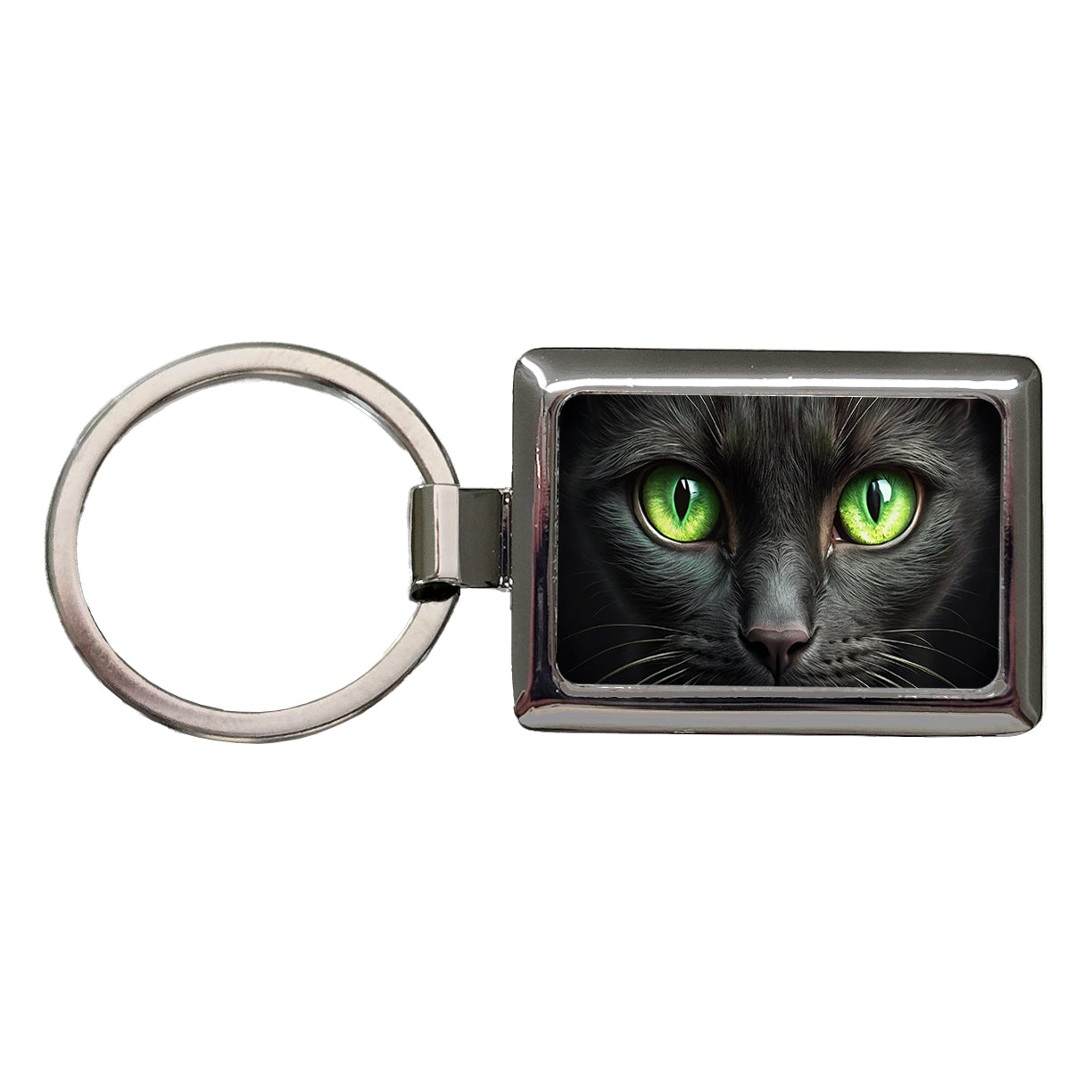 Black Cat with Green Eyes Rectangle Metal Keychain