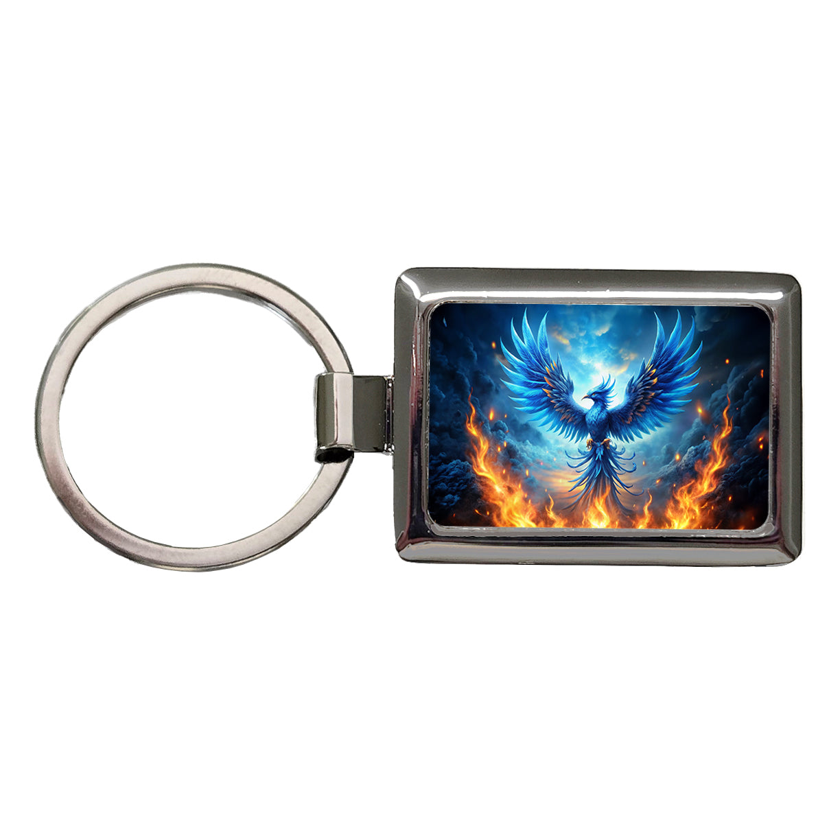 Blue Flaming Phoenix Rising From Ashes Fantasy Bird Rectangle Metal Keychain