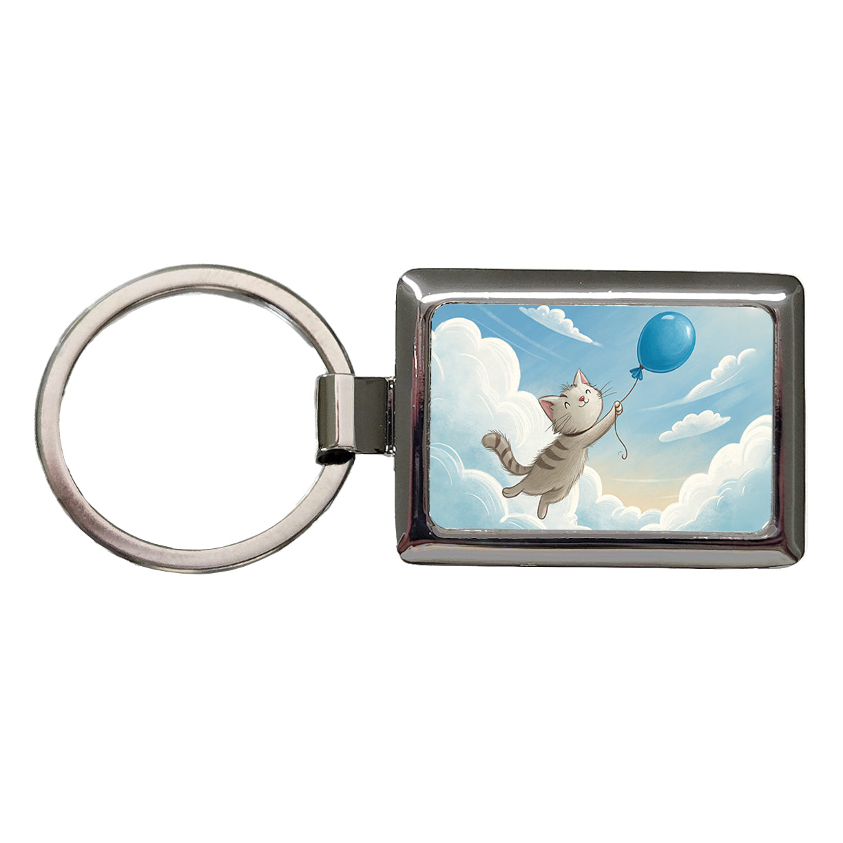 Cat Carried by Blue Balloon into the Sky Rectangle Metal Keychain