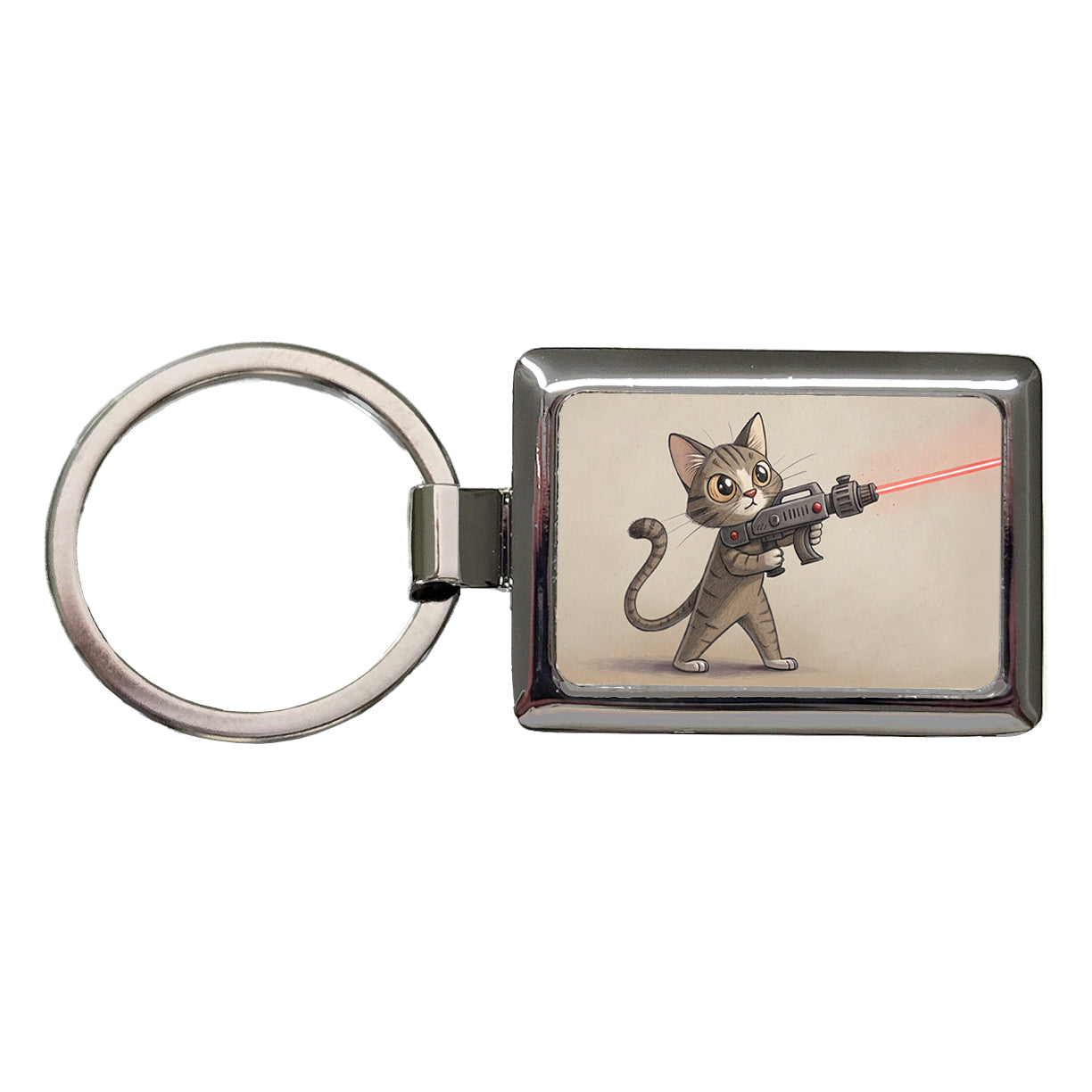 Cat With Laser Gun Sci-fi Cartoon Rectangle Metal Keychain