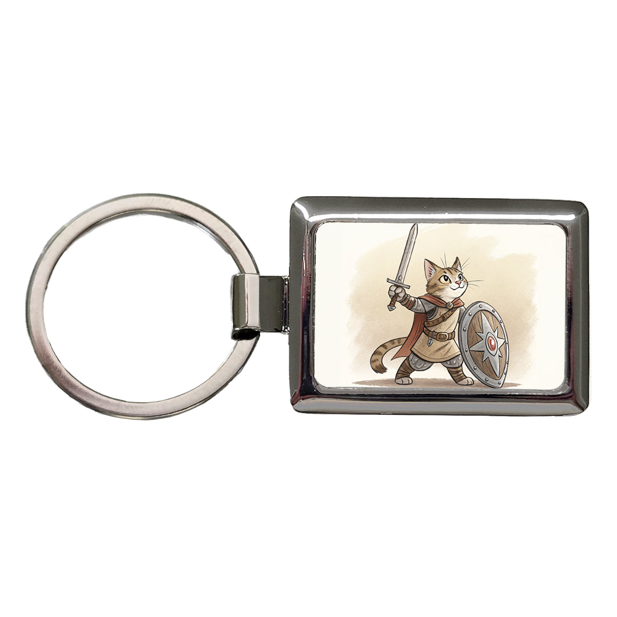Cat With Sword And Shield Fantasy Medieval Cartoon Rectangle Metal Keychain