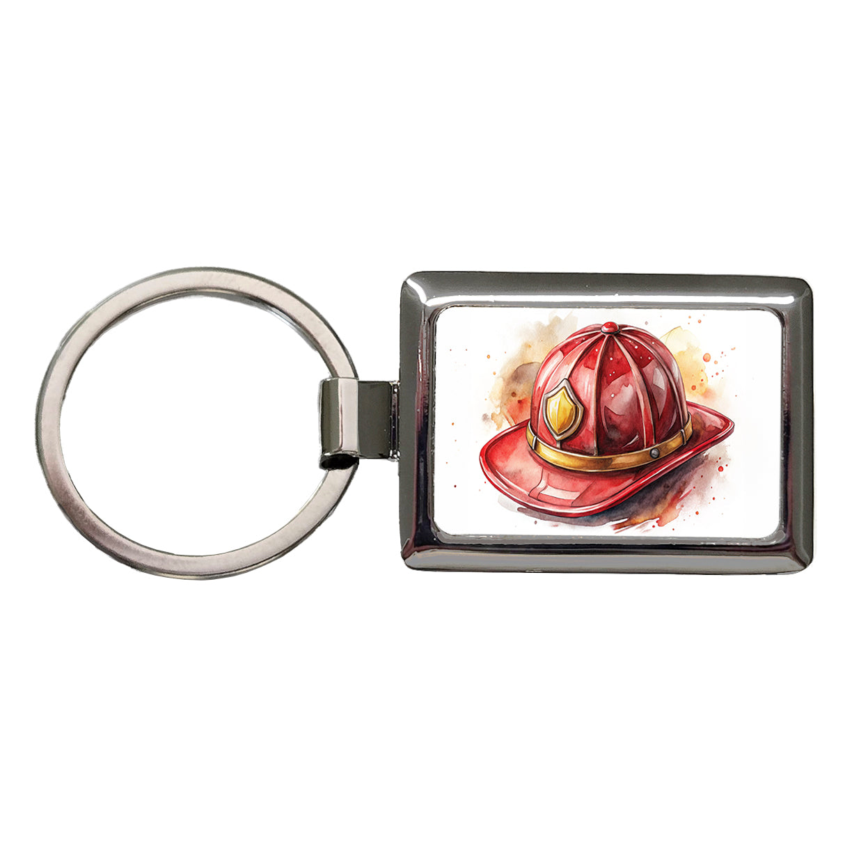 Classic Red Firefighter Fireman Helmet Watercolor Rectangle Metal Keychain