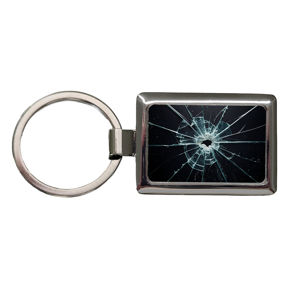 Close-Up Of Broken Pane Of Glass Rectangle Metal Keychain