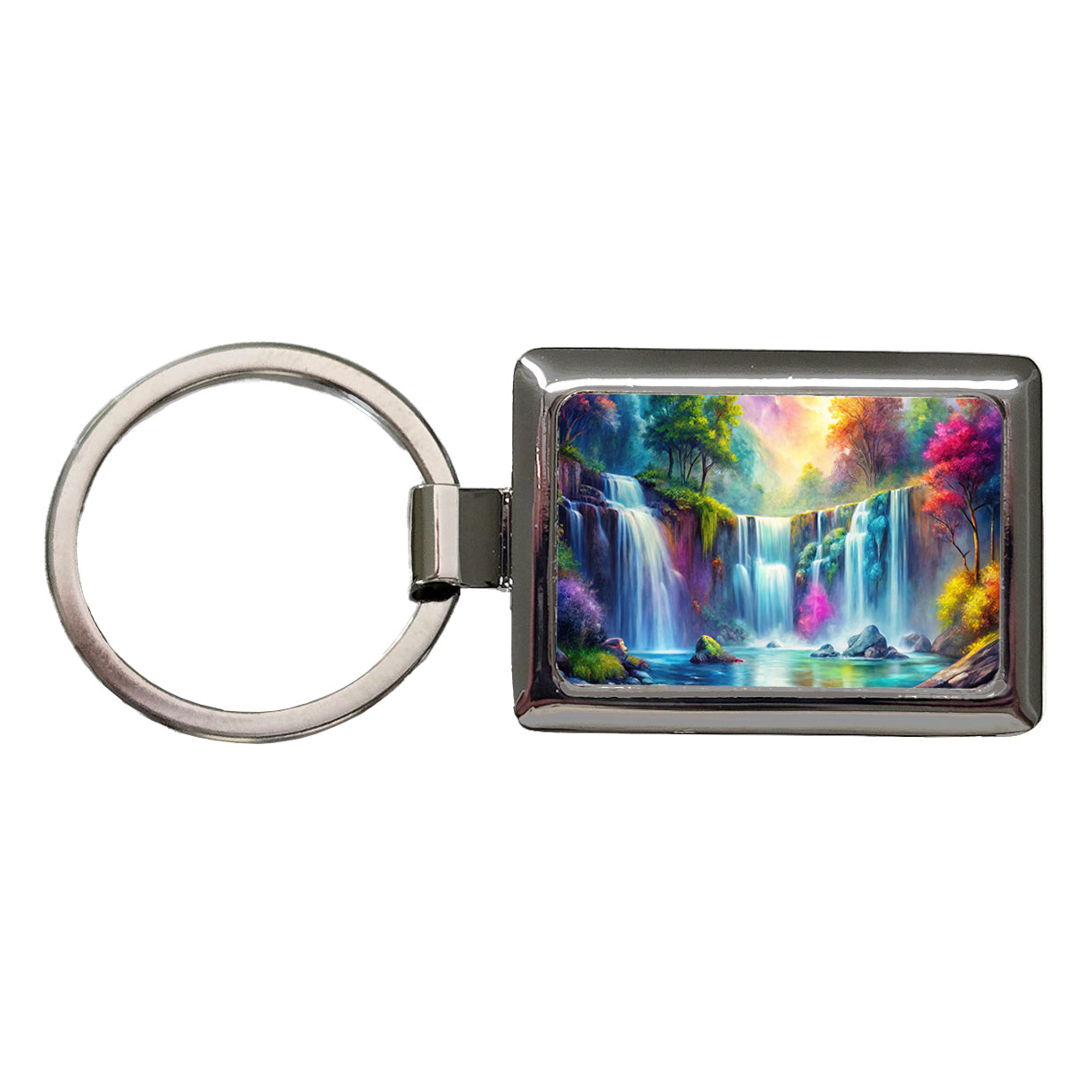 Colorful Fantasy Forest Waterfalls Rectangle Metal Keychain