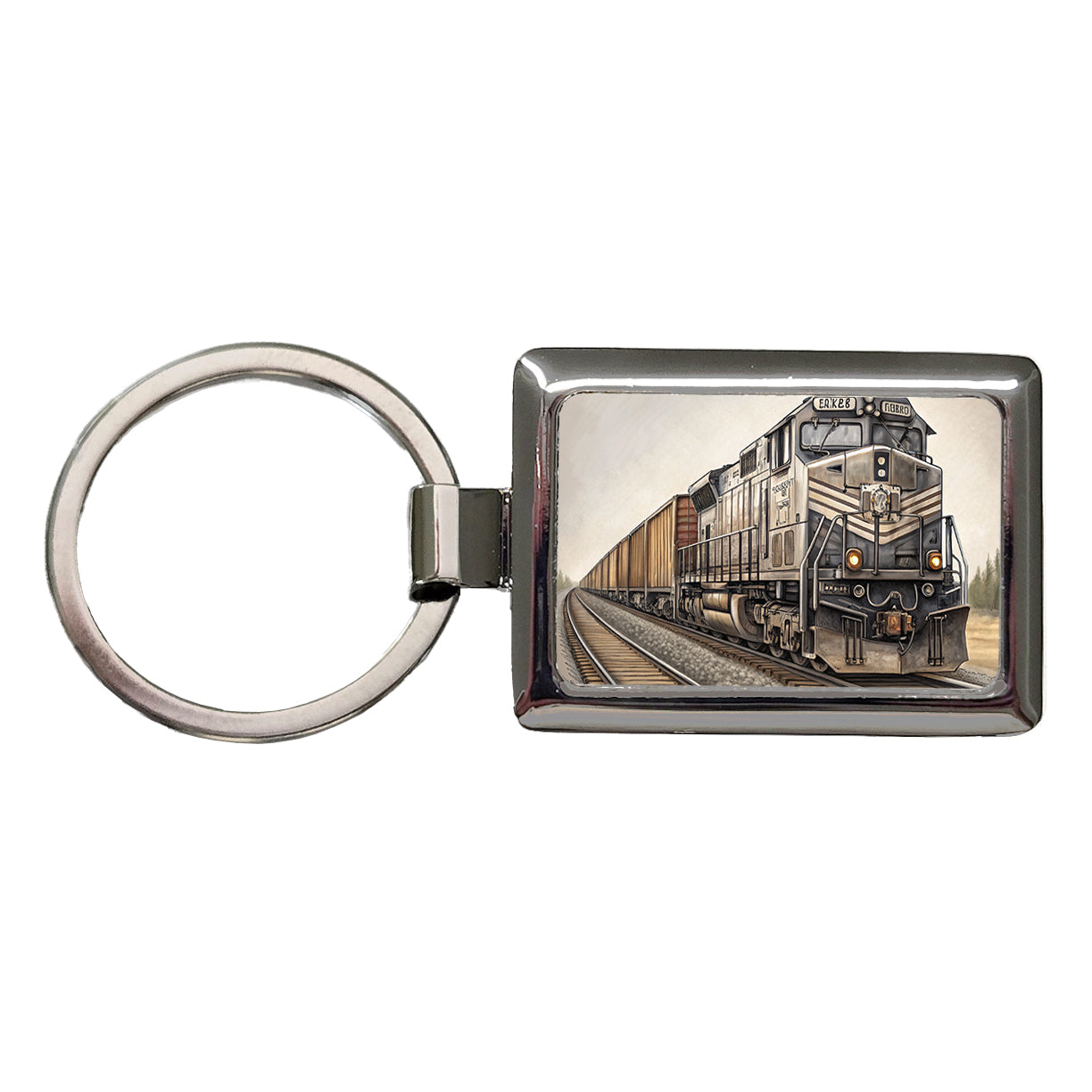 Diesel Locomotive Pulling A Long Line Of Freight Cars Rectangle Metal Keychain