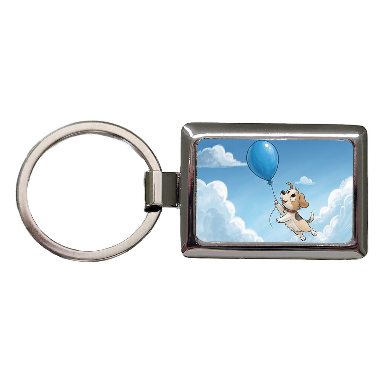 Dog Carried by Blue Balloon into the Sky Rectangle Metal Keychain