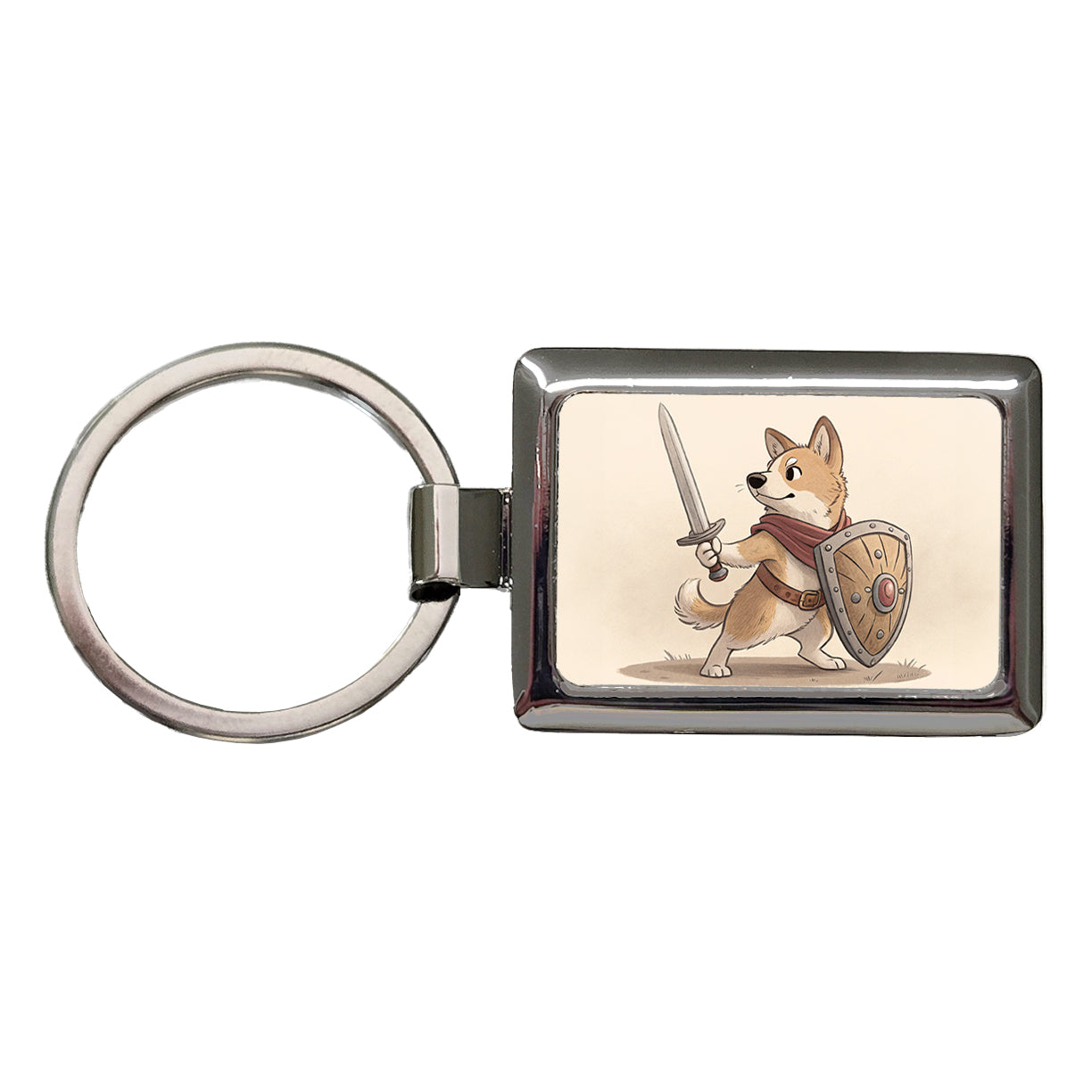 Dog With Sword And Shield Fantasy Medieval Cartoon Rectangle Metal Keychain