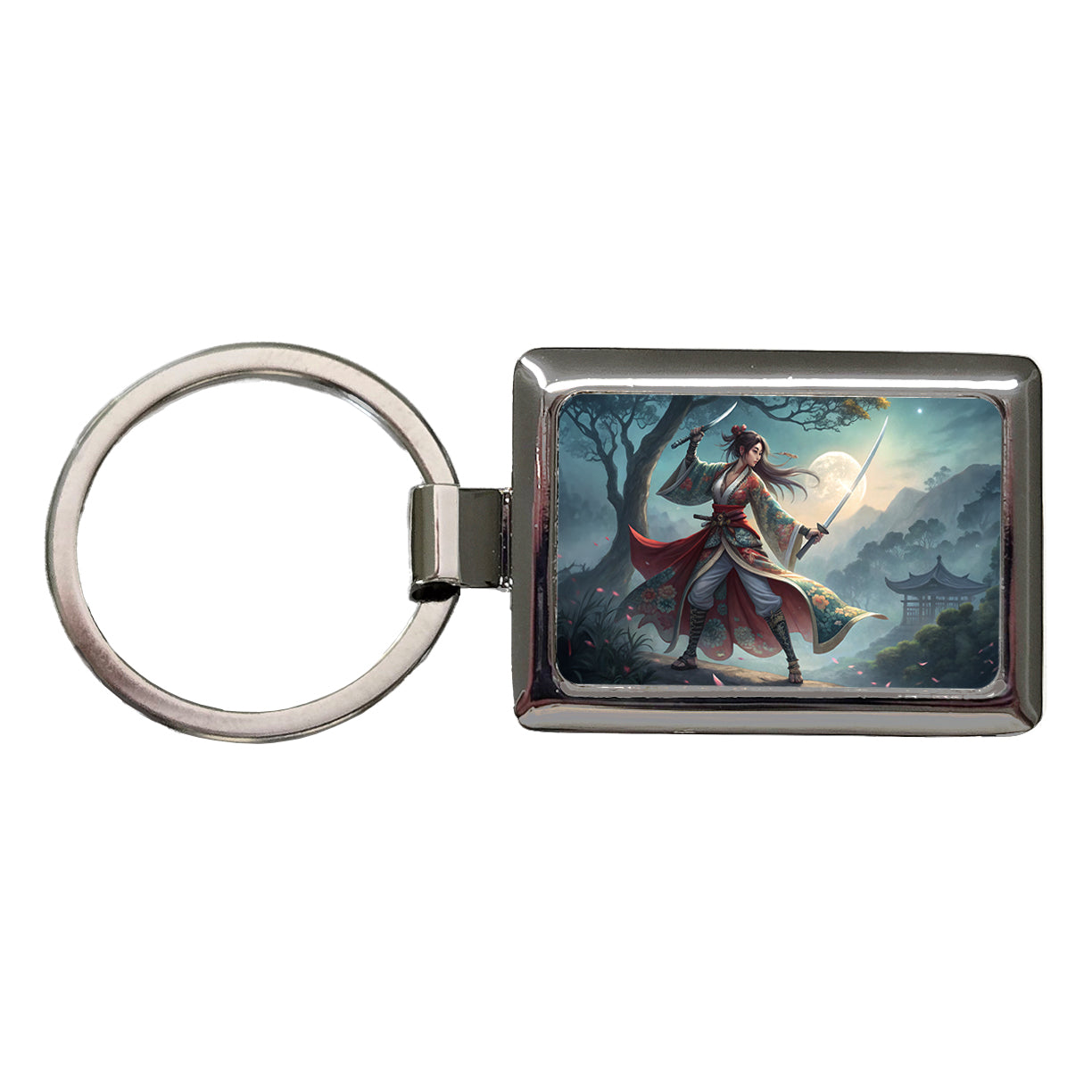 Fantasy Female Warrior Classic Japanese Anime Style Rectangle Metal Keychain
