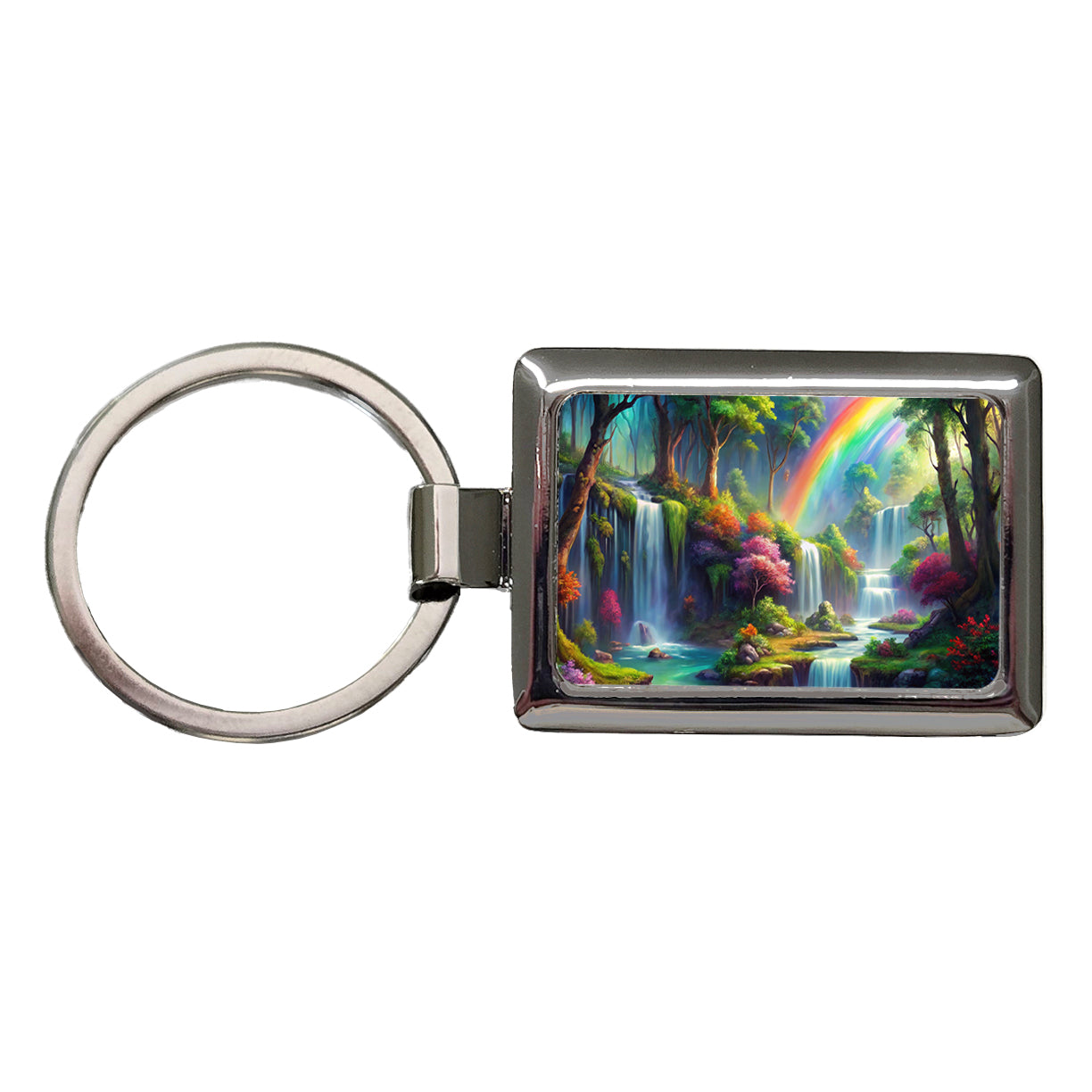 Fantasy Forest Rainbow Waterfalls Watercolor Rectangle Metal Keychain