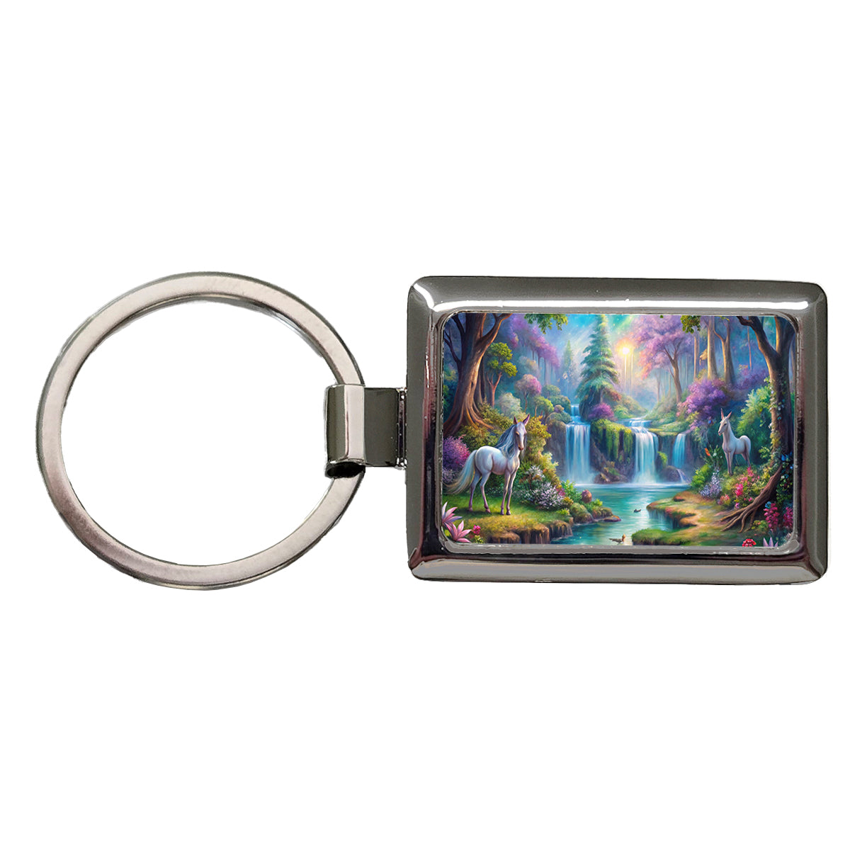 Fantasy Forest Waterfalls and White Horses Watercolor Rectangle Metal Keychain