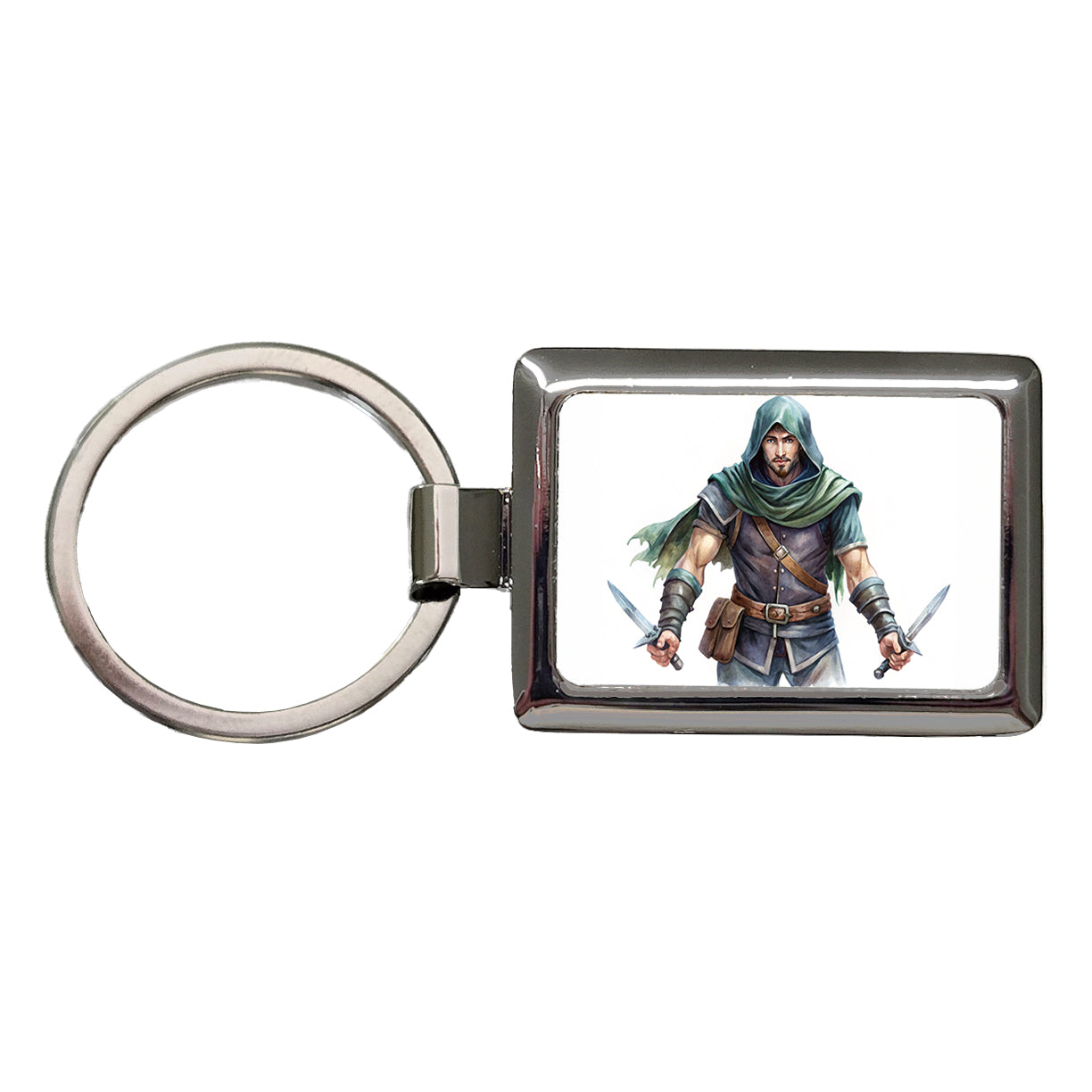 Fantasy Male Thief Rogue with Daggers Watercolor Rectangle Metal Keychain