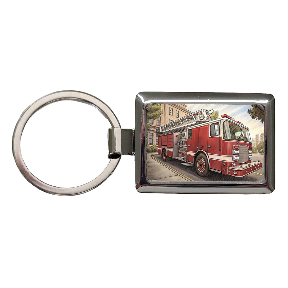 Fire Engine Firefighter Ladder Truck Rectangle Metal Keychain