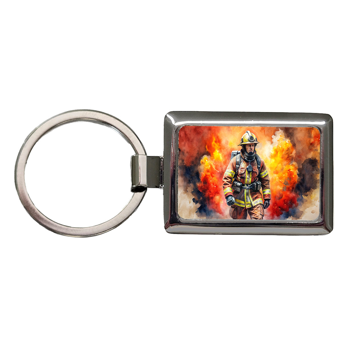 Firefighter Walking Out of Flames Watercolor Rectangle Metal Keychain