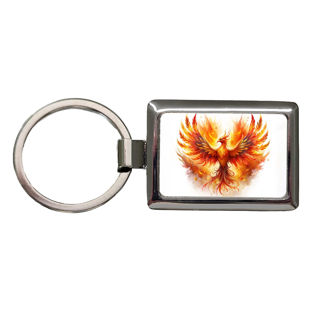 Flaming Phoenix Rising Fantasy Watercolor Rectangle Metal Keychain