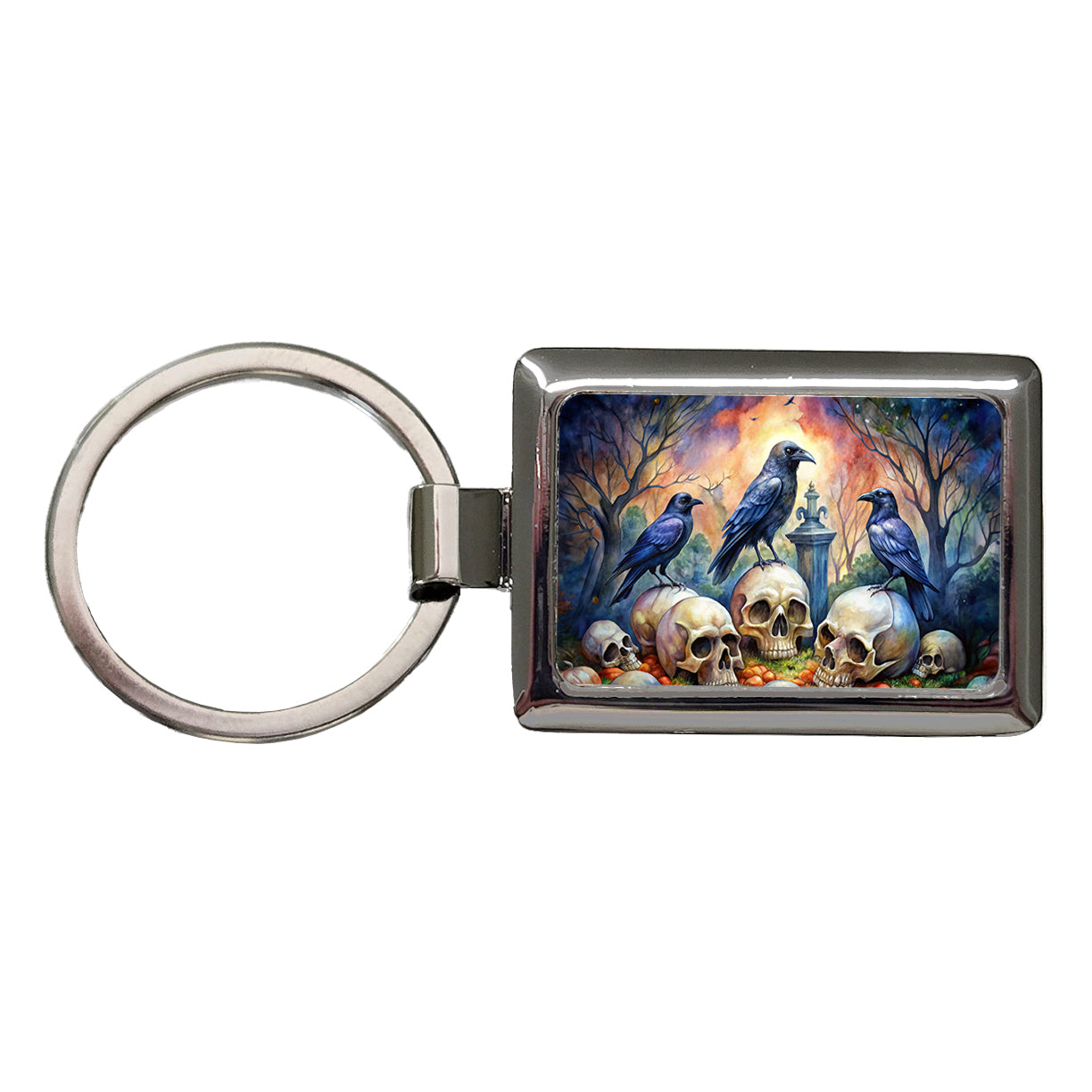 Gothic Raven Death Skulls Watercolor Rectangle Metal Keychain