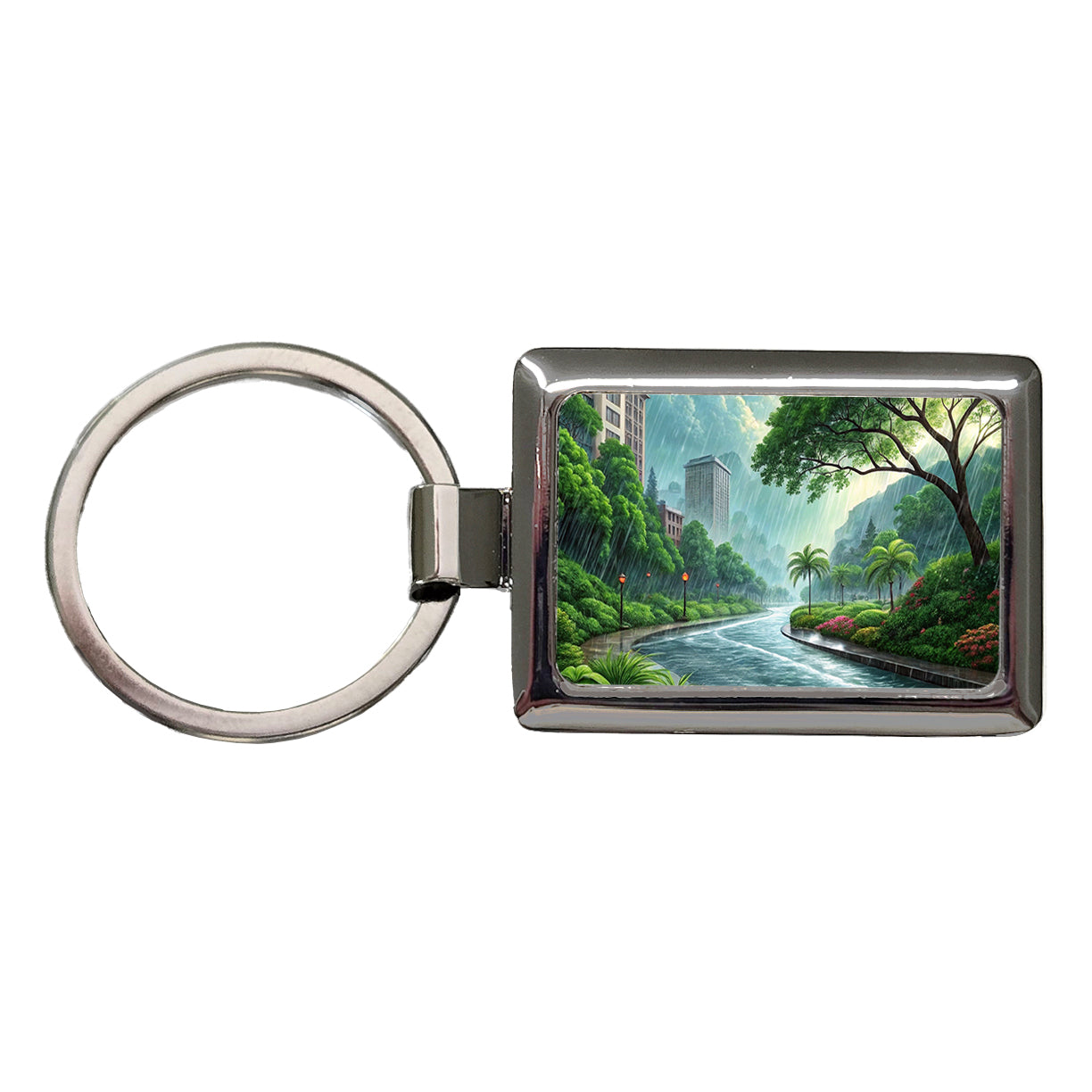 Heavy Monsoon Rain Storm City Landscape Rectangle Metal Keychain