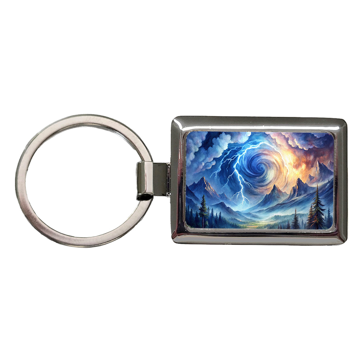 Hurricane and Lightning At Night in the Mountains Watercolor Rectangle Metal Keychain